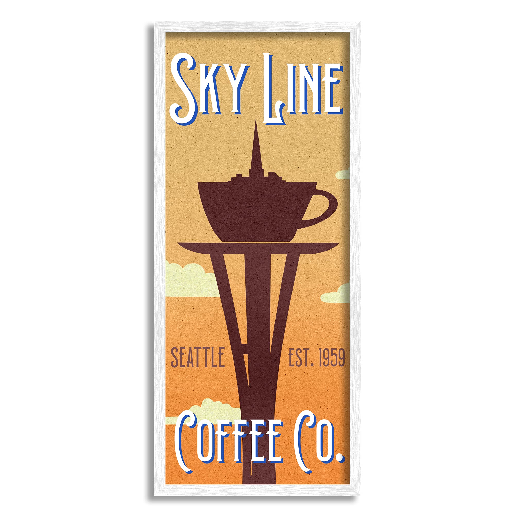 Stupell Industries Sky Line Seattle Coffee Company Cappuccino Saucer Tower, Design by Daphne Polselli White Framed Wall Art, 13 x 30, Yellow
