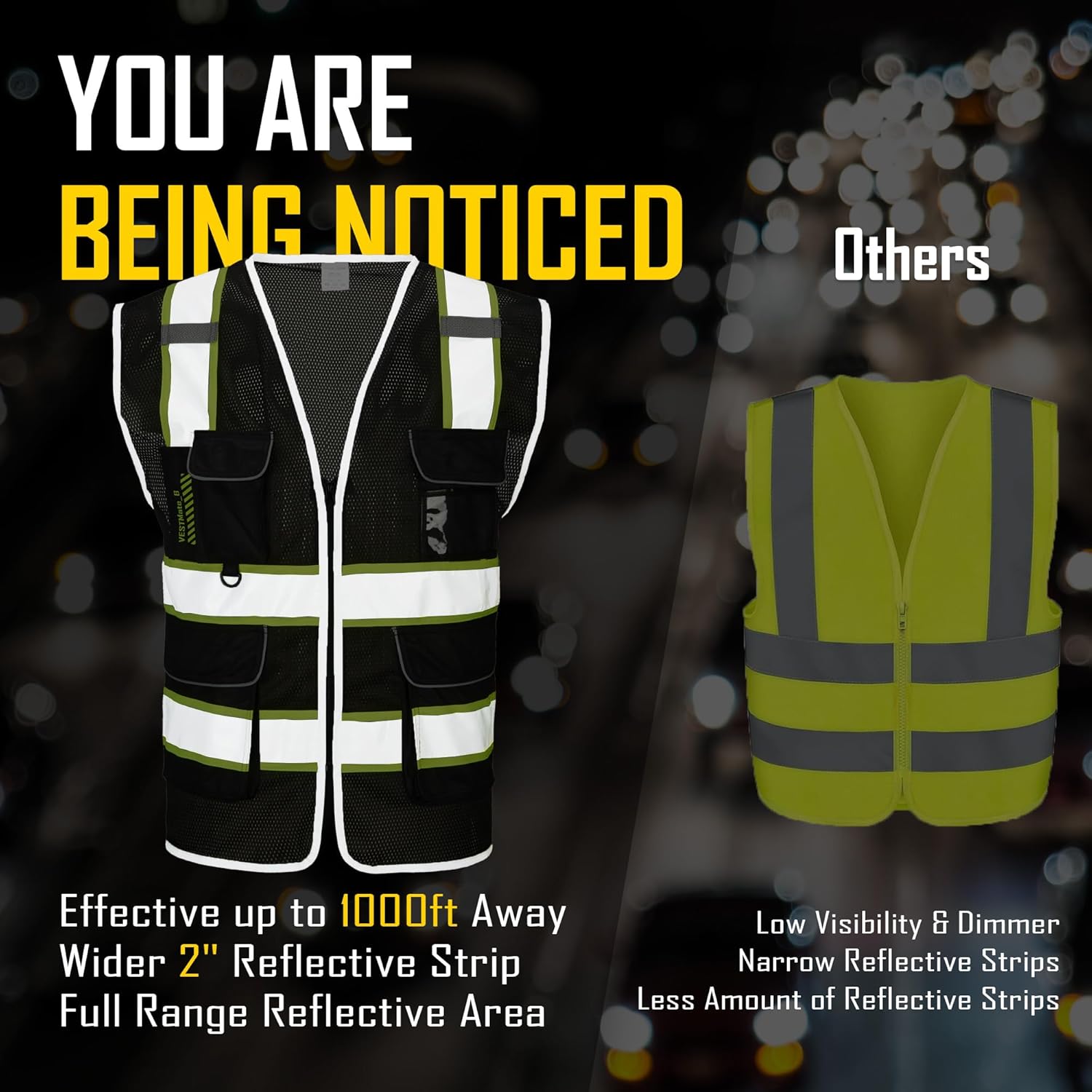 COOLJOB 9 Pockets Reflective Mesh Safety Vest for Men, Hi-vis Work Vest for Construction, Class 2 ANSI Standard, Black Yellow - Image 2