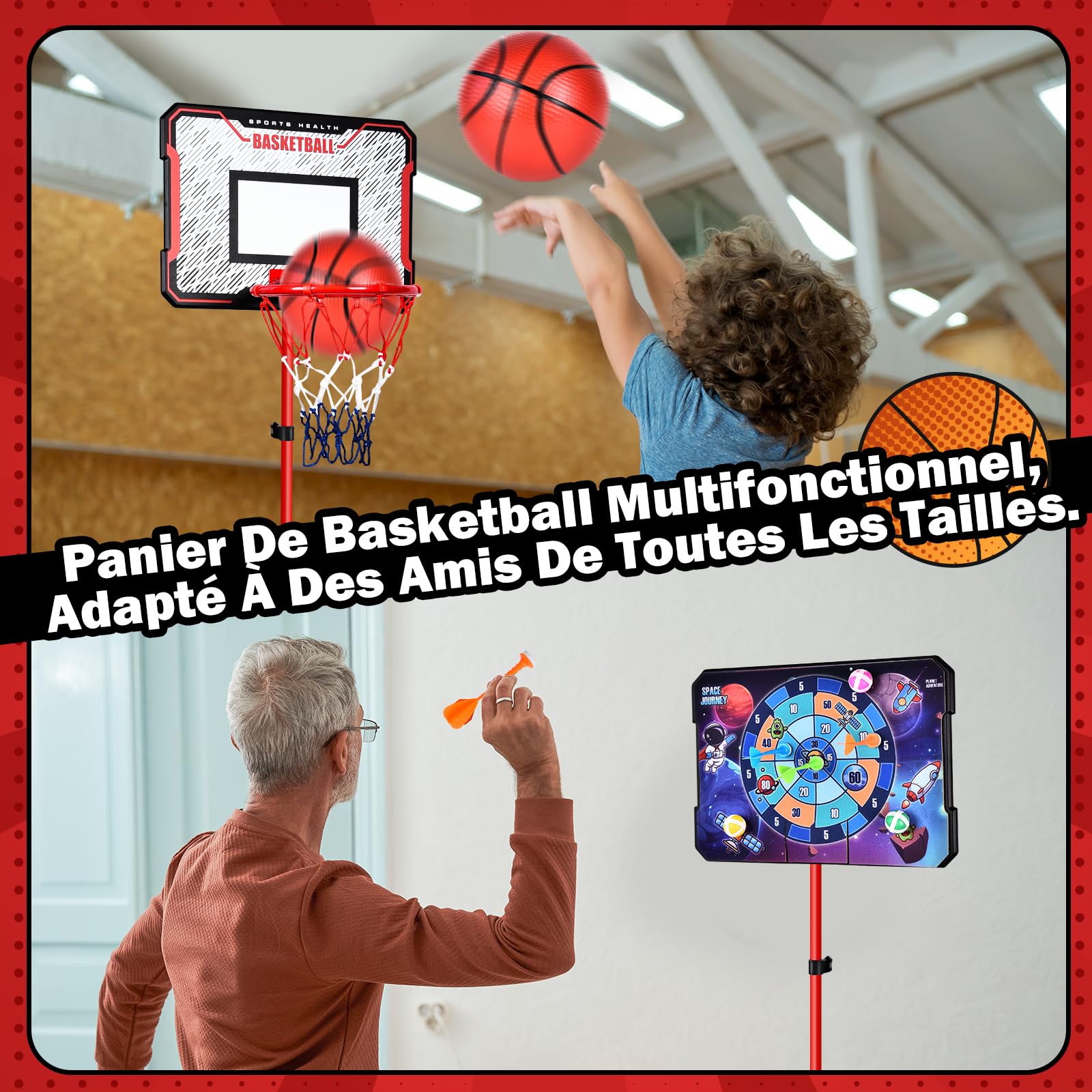 Herenear Panier de Basket pour Enfants, Hauteur Réglable 107-193 cm, 2 en 1 Basket et Fléchettes, Intérieur et Extérieur, Portable avec Base de Lestage, pour Enfants de 3 à 8 Ans (Orange)