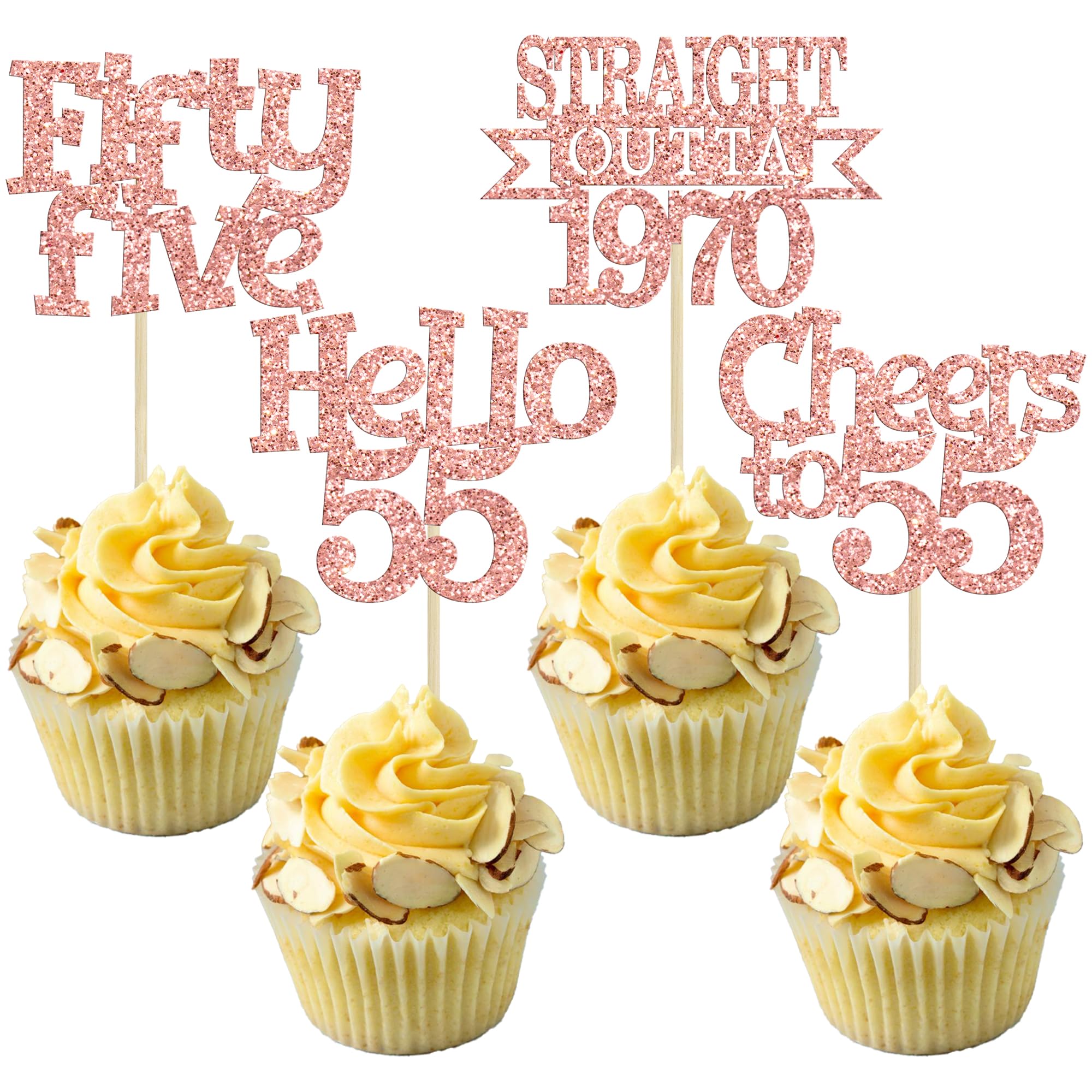 Ephlyn 24Pcs 55th Birthday Cupcake Toppers Glitter Straight Outta 1970 Cupcake Picks Hello 55 Cheers to 55 Years Cake Decorations for 55th Birthday