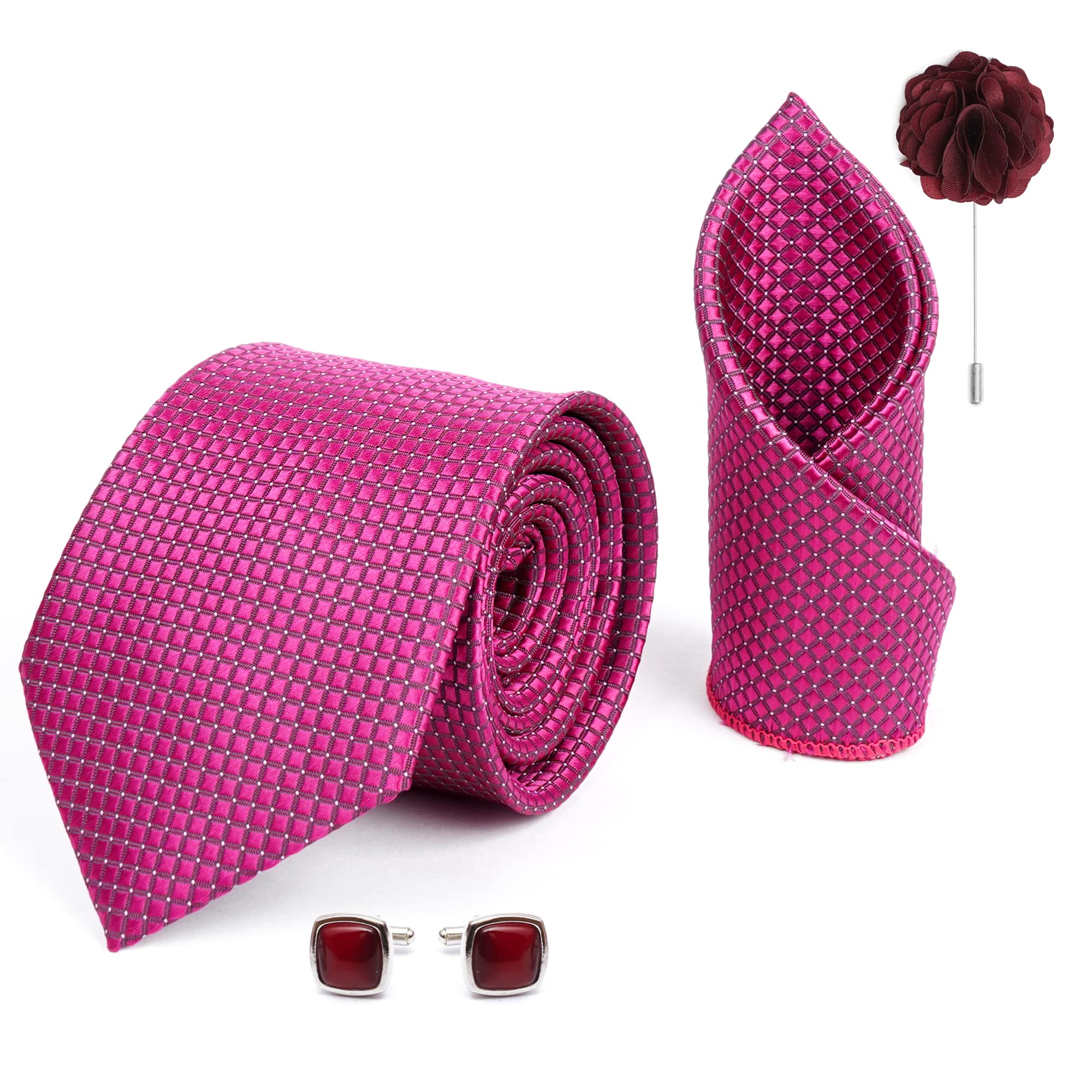 axlon Mens Plaid Dotted Silk Necktie Gift Set With Pocket Square Cufflinks & Brooch Pin Tie For Men Formal With Leatherite Box (A9RX Free Size) | (Leather Gift Box) (Pack of 4)-picture-42