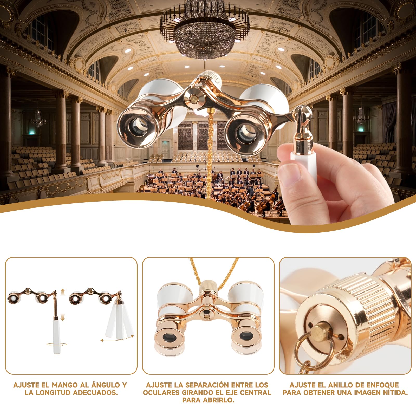 Prismáticos de Teatro 3x25 Vintage Plegables - Binoculares Mini con Mango Ajustable y Cadena, Lente BK7, Portátiles para Conciertos, Ópera y Eventos
