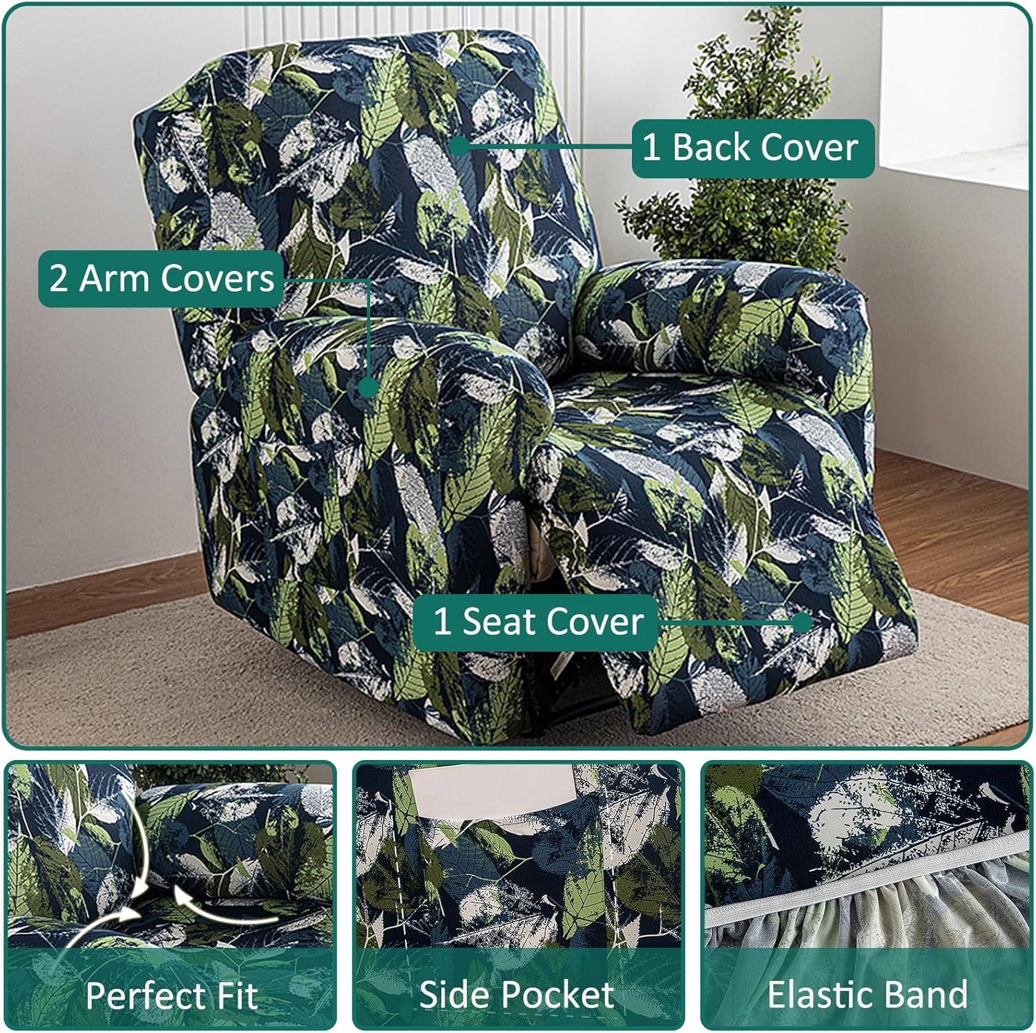 NILUOH Recliner Covers 4 Pieces Stretch Lazy Boy Recliner Chair Covers That Stay in Place, Covers for Electric Power Lift Reclining Chair, Washable Furniture Protector for Pet, Kids, Living Room