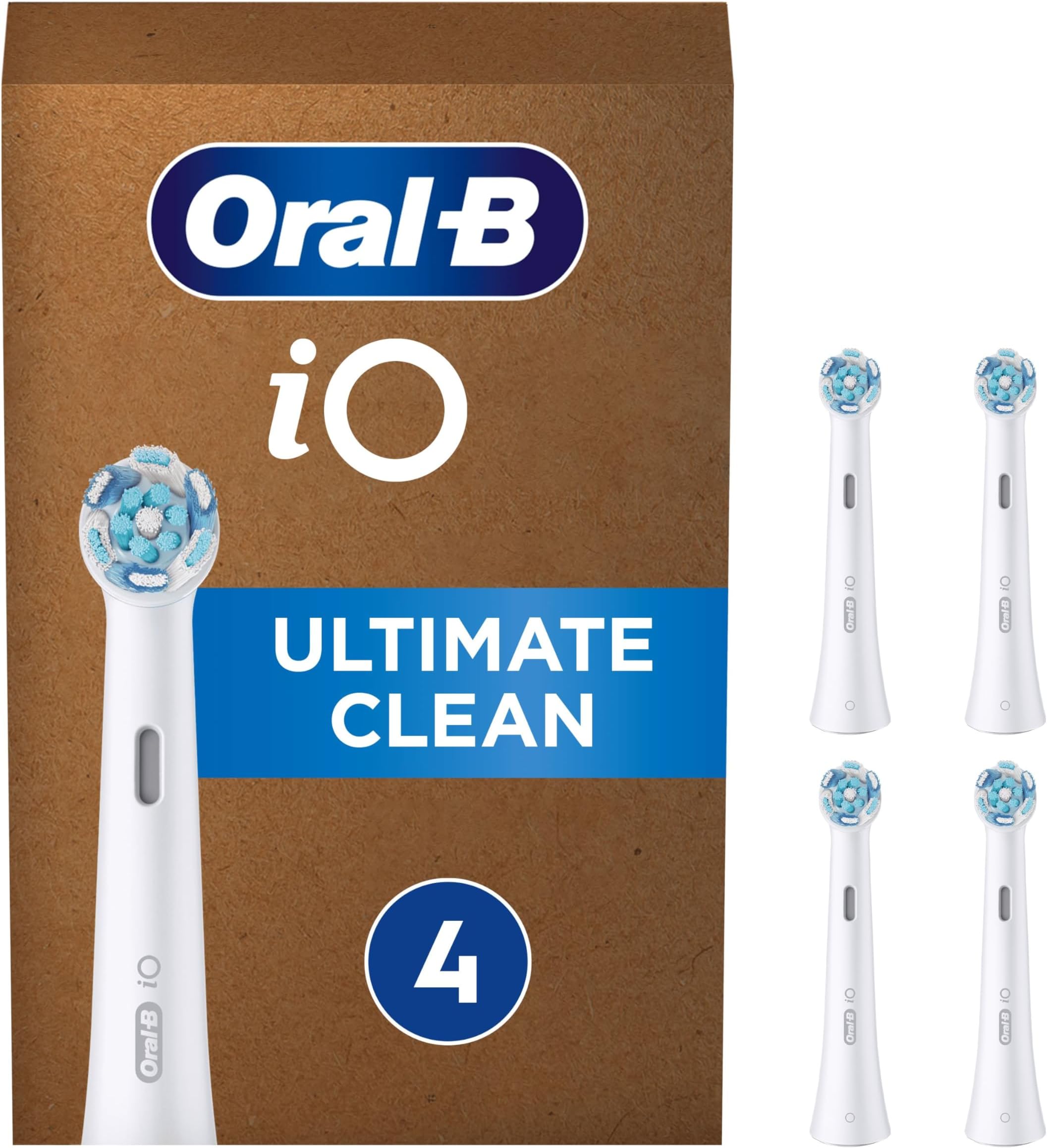 Oral-B iO Ultimate Clean Electric Toothbrush Head, Oral B Electric Toothbrush Heads, Twisted & Angled Bristles for Deeper Plaque Removal, Pack of 4 Toothbrush Heads, Suitable for Mailbox, White