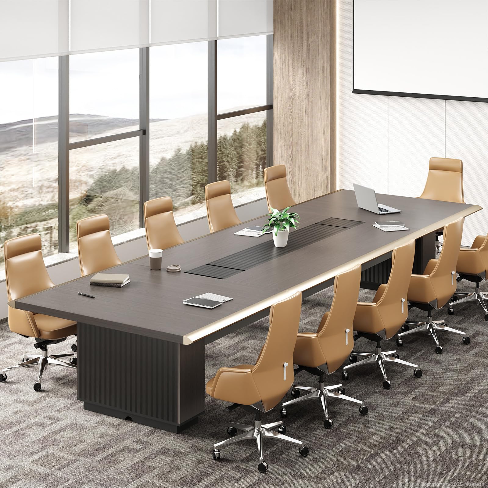 9FT Conference Table (110.2"×52.0"), Seats 8–10, with 2 Hidden Cable Boxes, 5cm Thick Top, Champagne Gold Aluminum Edge Trim, Water-Ripple Panel Base (Smoked Walnut Woodgrain)