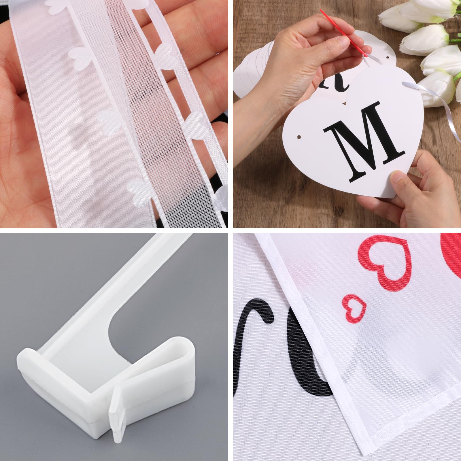 2pcs Drapeau pour voiture imprimé Vive Les Mariés +Bannière Vive Les Mariés Banderole de Mariage en Forme de Coeur + 10pcs Nœuds Blancs avec mini Cœurs Decorative Decoration pour Mariage