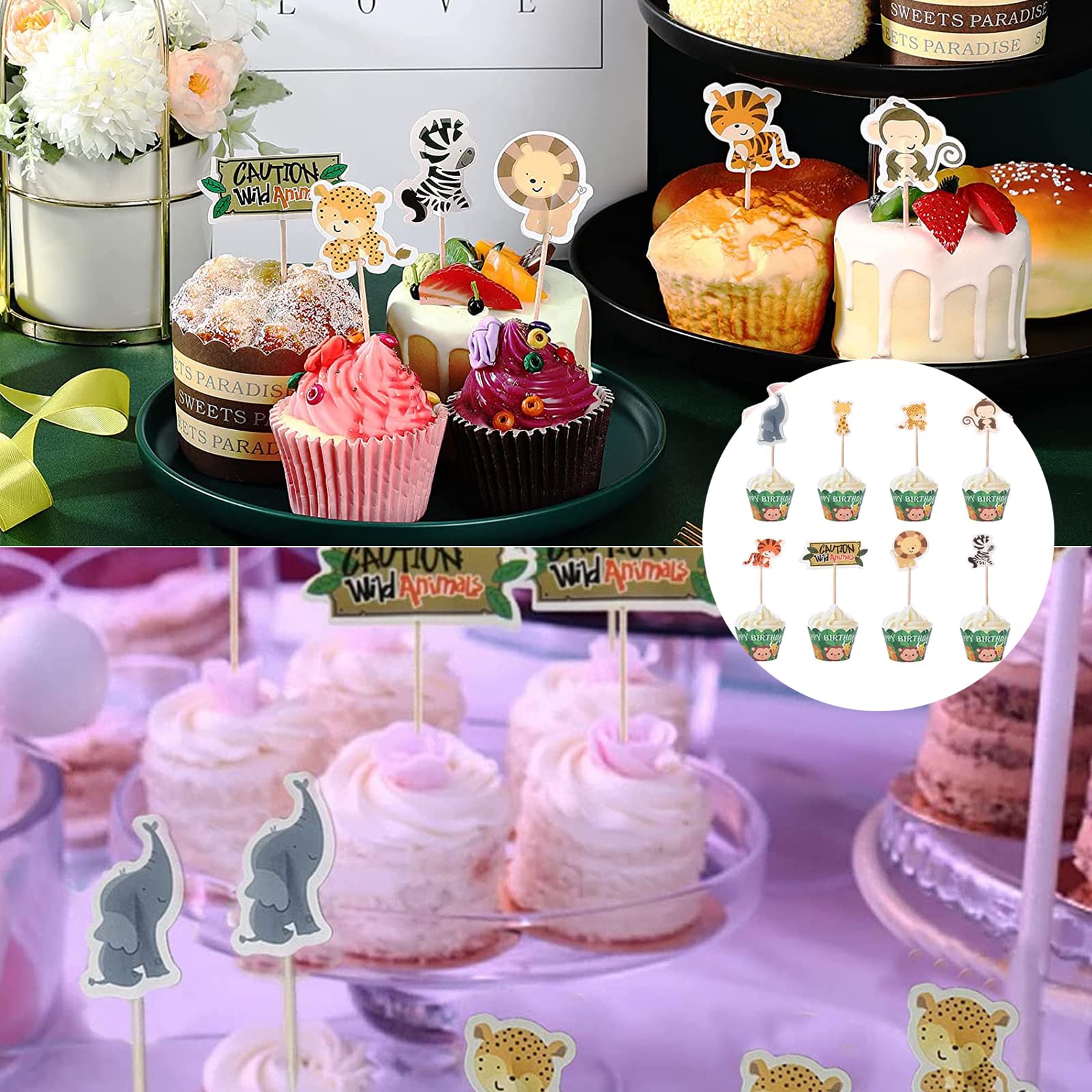 Glitzernde Cupcake-Topper Mit Safari-Tieren & Blättern – 40 Stück, Perfekt Für Dschungel-Party, Babyshower & Kuchen