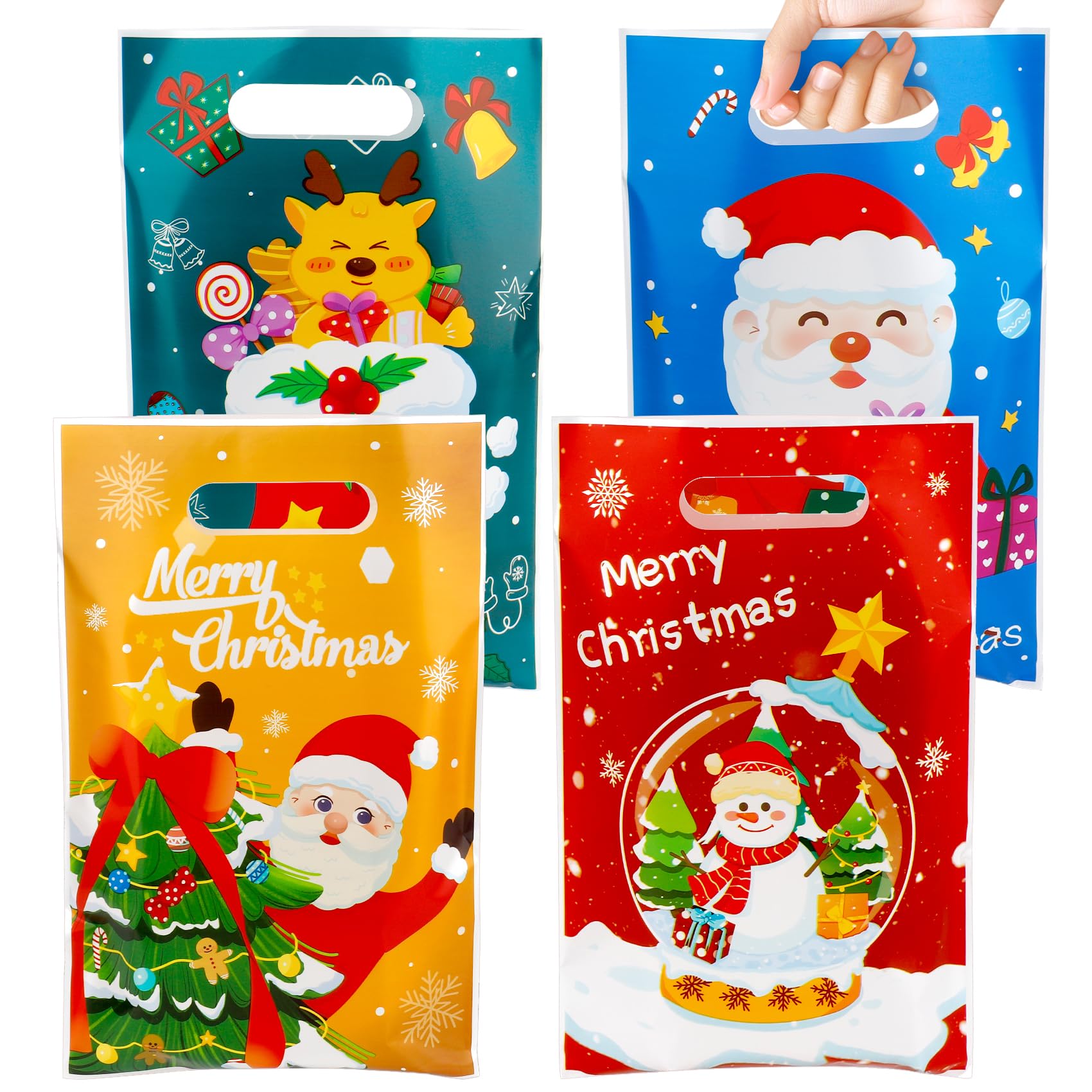100 PCS Merry Christmas Gift Bags with Handles, Christmas Treat Bags, Winter Xmas Gift Bag, Plastic Cute Snowman Cool Santa Claus Candy Cookies Goodie Bag for Winter Xmas Holiday Party Favors Supplies