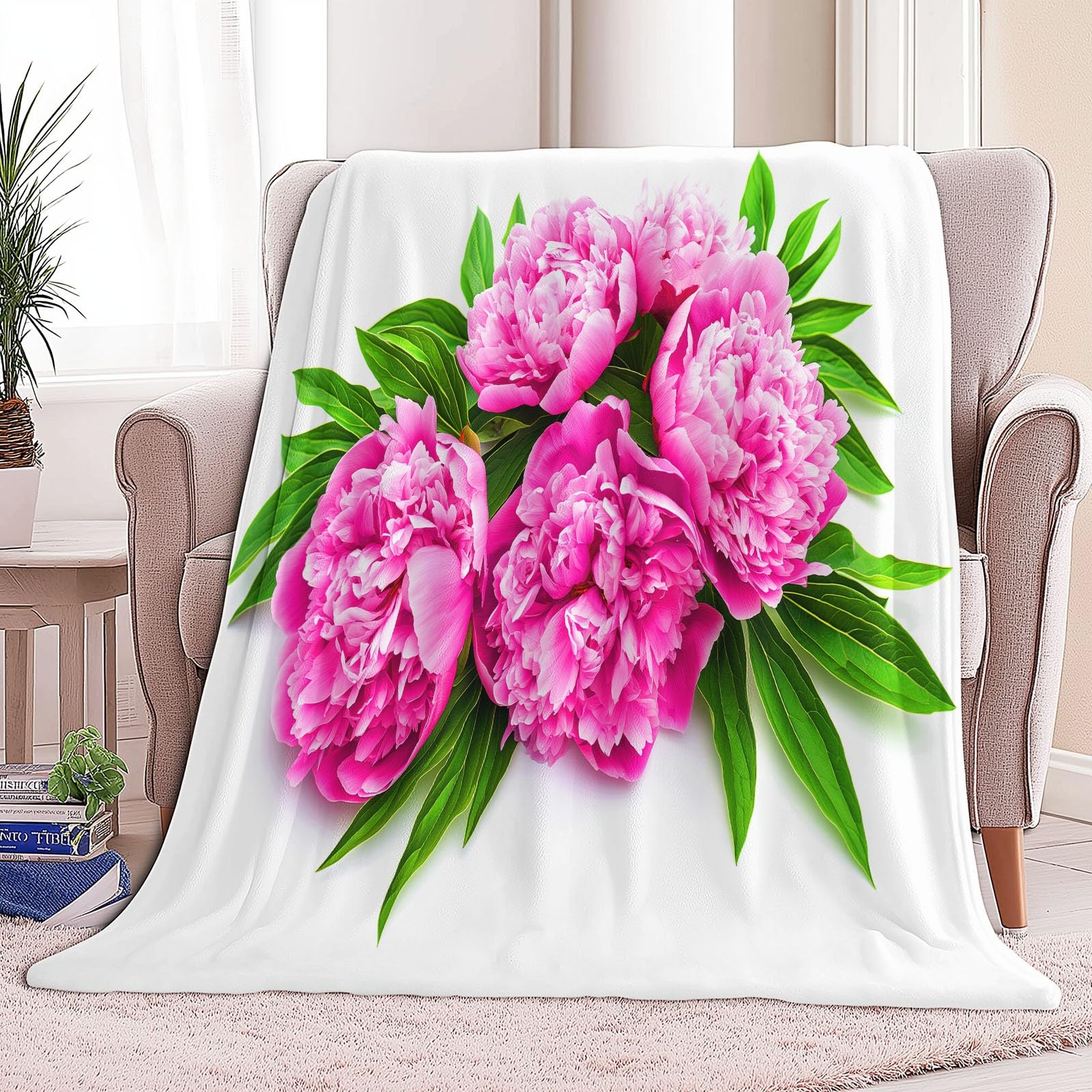Miękki biały koc sherpa 220 x 240 cm, dla dzieci i dorosłych, akwarela, piwonia, kwiaty, liście, flanelowa pościel, hipoalergiczny, ciepły, nadaje się do prania, na sofę, krzesło, do salonu, 220 x 240