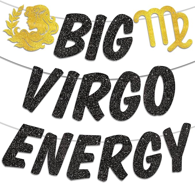 Big Virgo Energy Birthday Banner, August/September Birthday Party Décor, 12 Constellation Zodiac Virgo Bday Party Decorations, Astrology Bday Party Supplies(Black Gold)