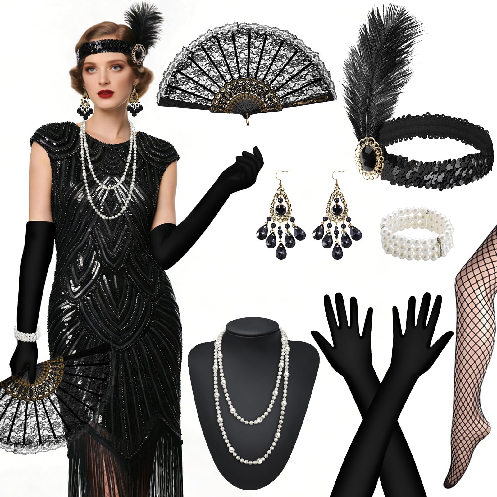 WEARXI Karneval Kostüm Damen, 20er Jahre Kostüm Damen Karnevalskostüme, Gatsby Charleston Kleid 20er Jahre Accessoires, Pailletten Perlen Fransen Kleid für Fasching Partys, Schwarz