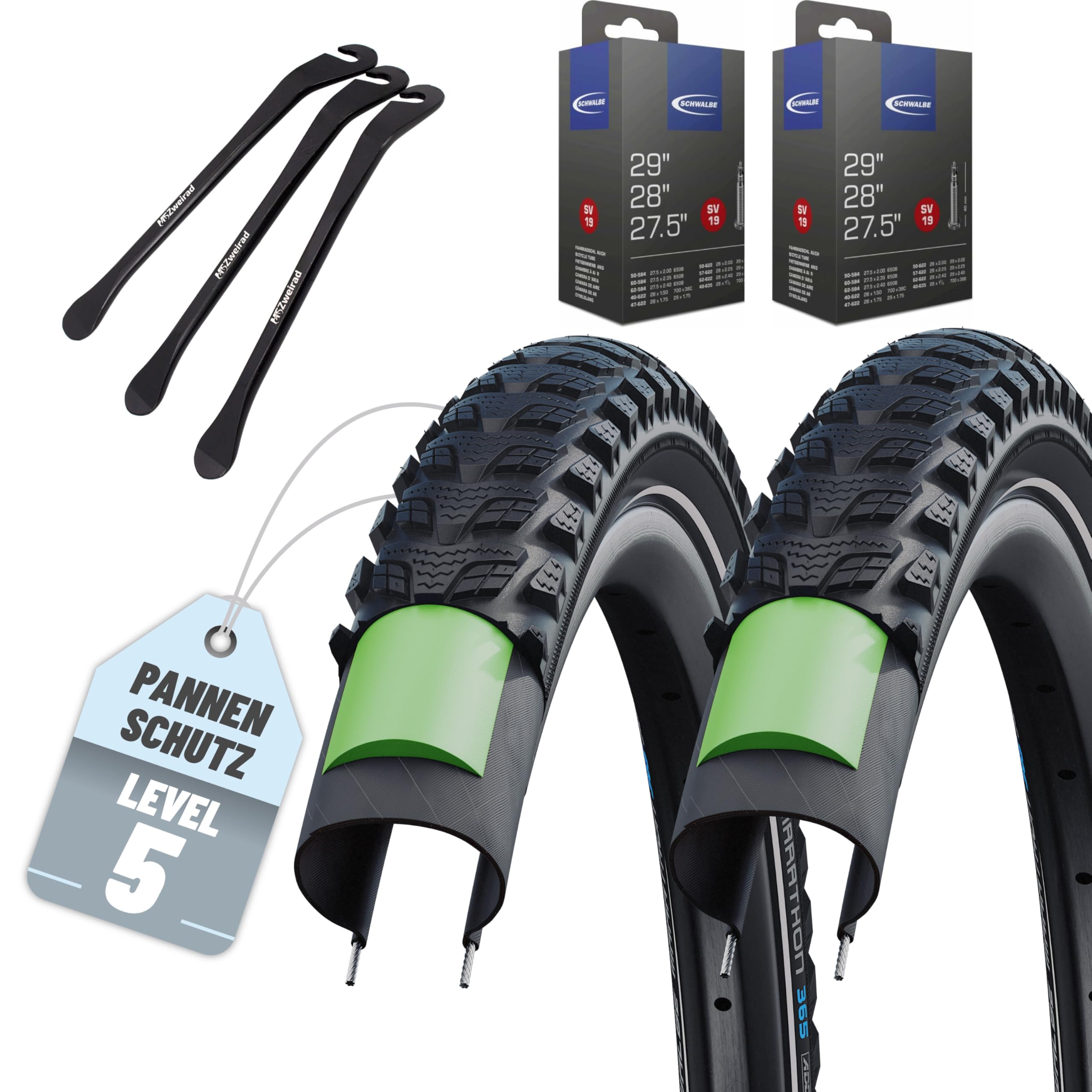 2er Set Schwalbe Fahrradreifen Marathon 365 28 Zoll (Verschiedene ETRTO: 40/47/50/55-622) + AV, DV, SV, SCV Schlauch oder Ohne Schlauche +3 Reifenheber