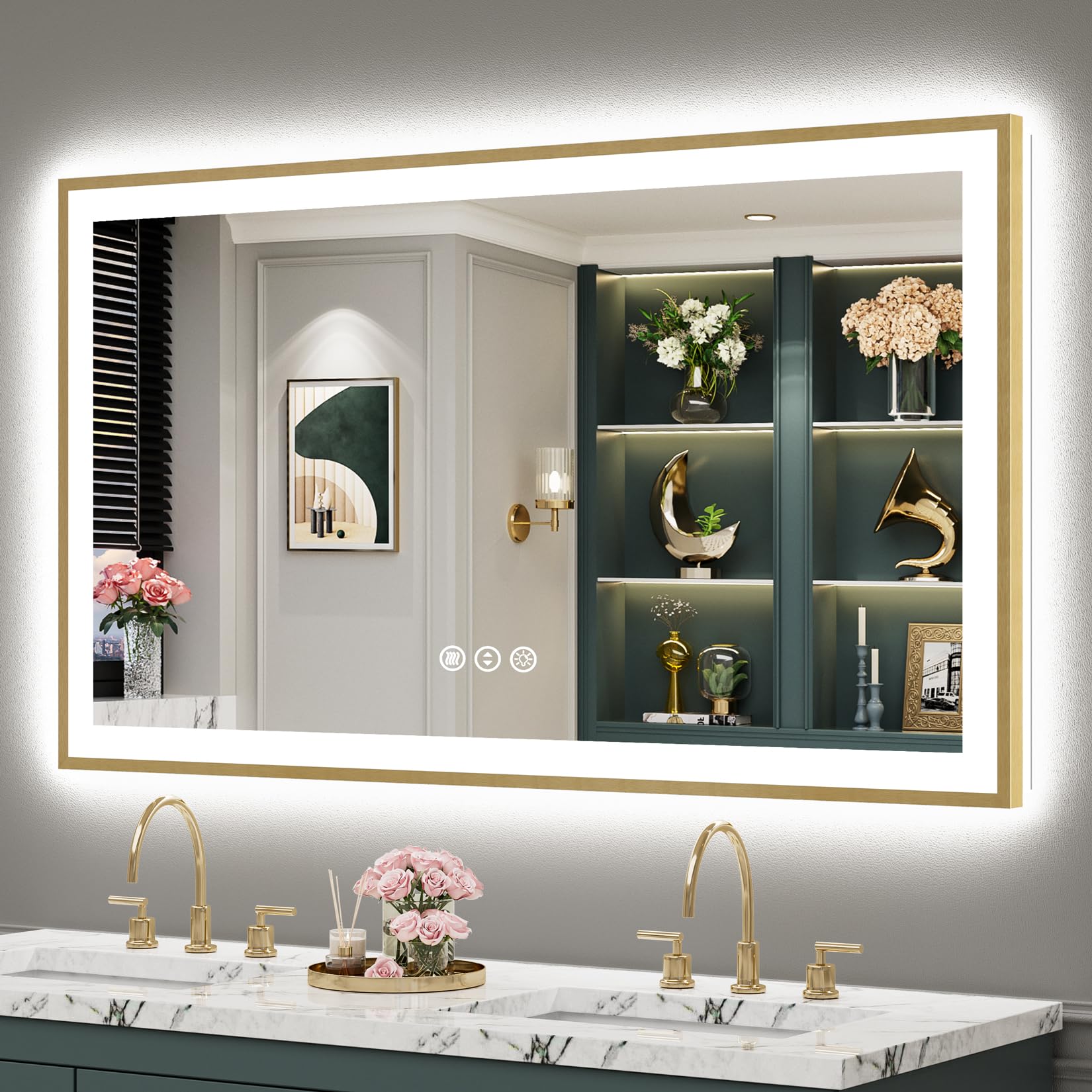 50x30 Gold LED Bathroom Mirror with Lights, Lighted Vanity Mirror
