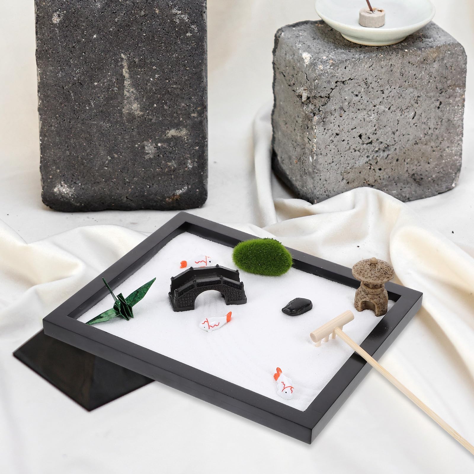 Jardín Zen Paisaje Negro de Madera en Miniatura para Escritorio