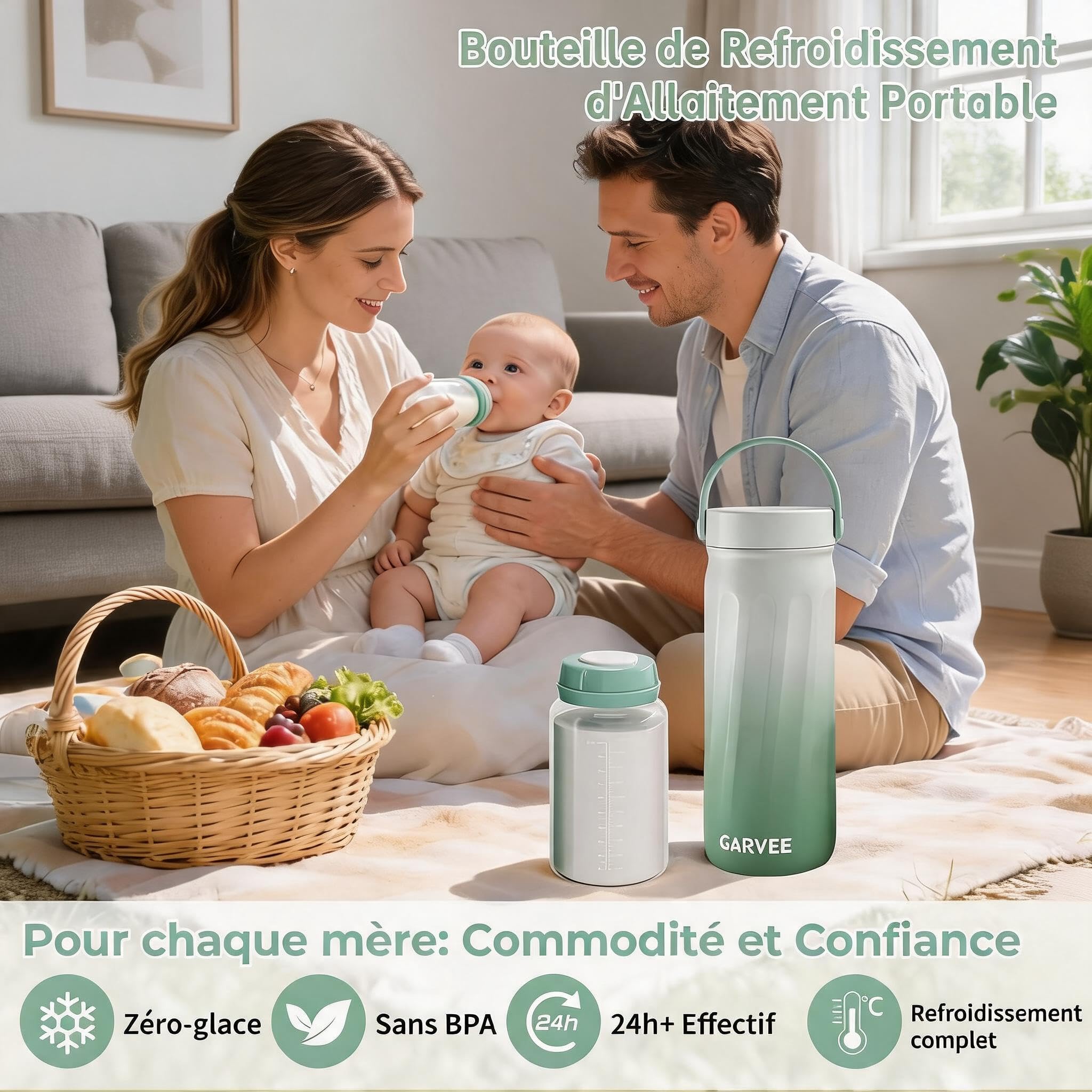 Garvee Glacière Lait Maternel Portable 22oz/300ml, Refroidissement 24h à 360°, Chauffage Intégré, 2 Biberons Inclus, Acier Inoxydable 316 Sans BPA