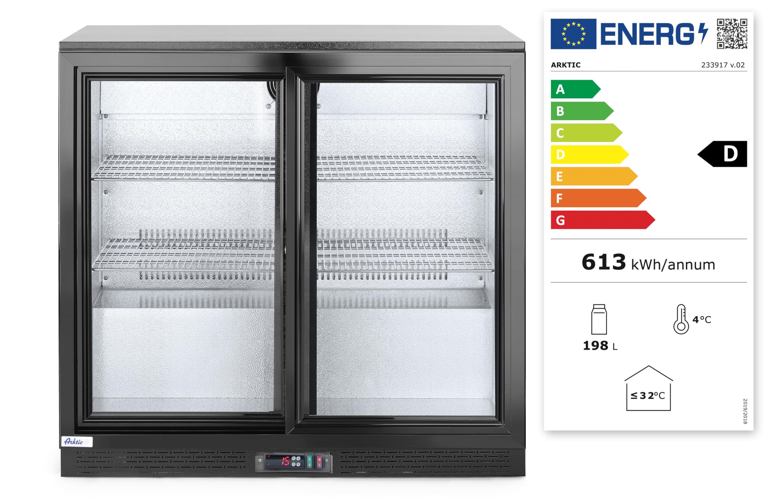 HENDI Refrigerador bajo mostrador para bebidas Arktic, puertas correderas dobles, 158L, 0–10°C, 220V, 160W, 900x520x(H) 865mm, acero con recubrimiento en polvo negro
