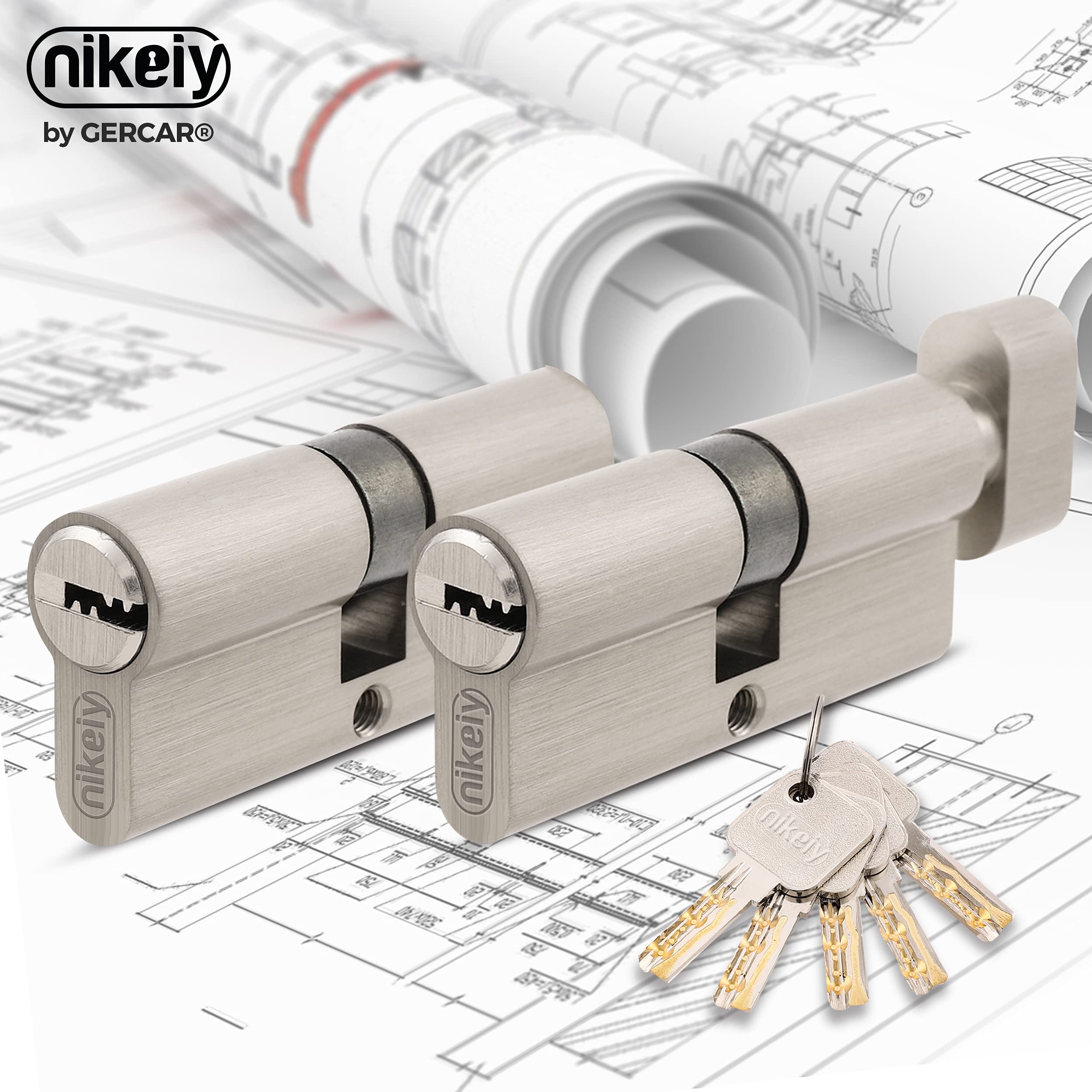 GERCAR Pro Lot de 2 cylindres à bouton à fermeture identique 30/30 - Avec bouton - Avec 10 clés - Serrures de porte à cylindre - Longueur : 60 mm - A : 30, B : 30 - En laiton mat massif