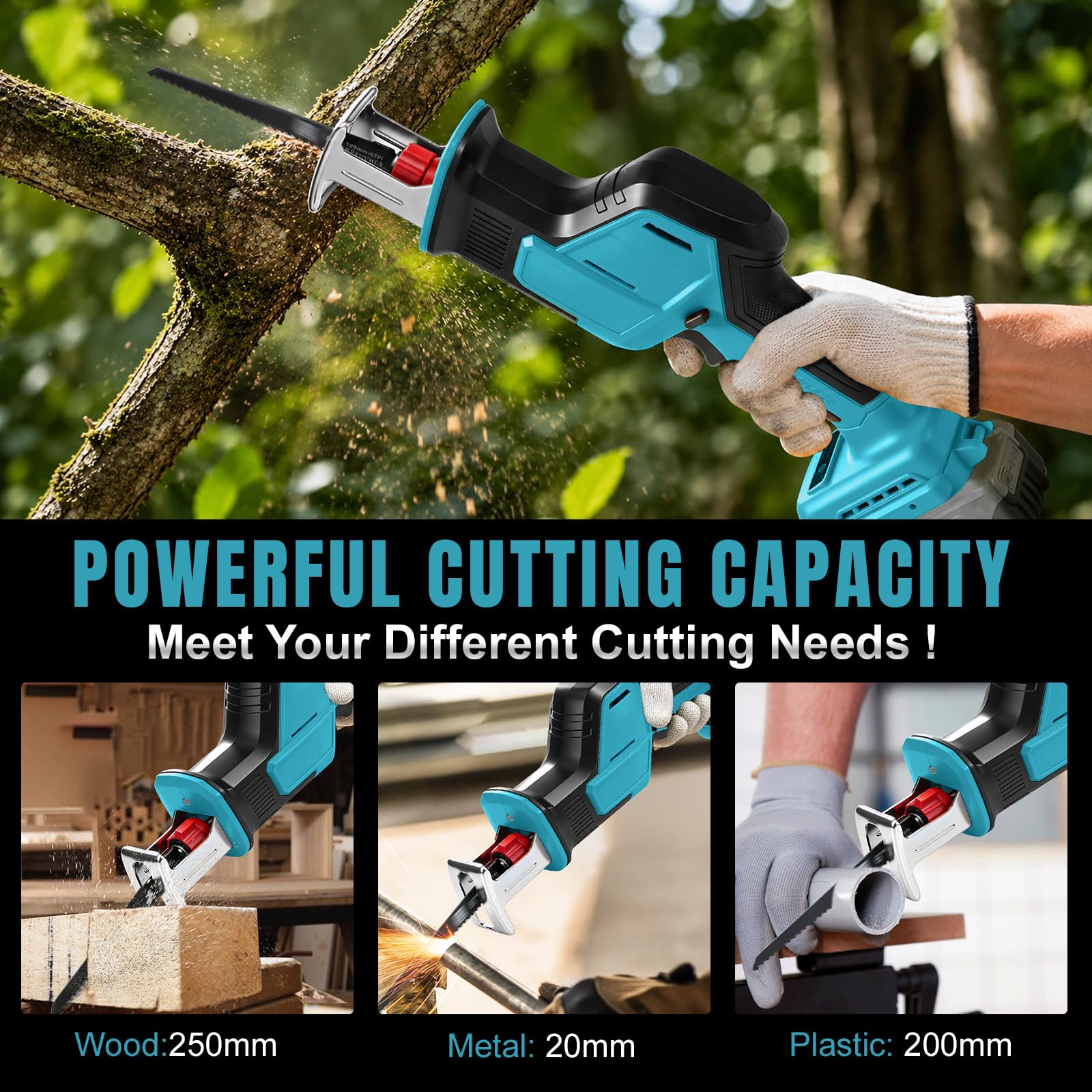 Sierra Sable Inalámbrica con 4 Hojas para Makita 18V (sin Batería) | 600W, Sierra Sable sin Escobillas, con Luz LED, Maletín, para Cortar Madera y PVC