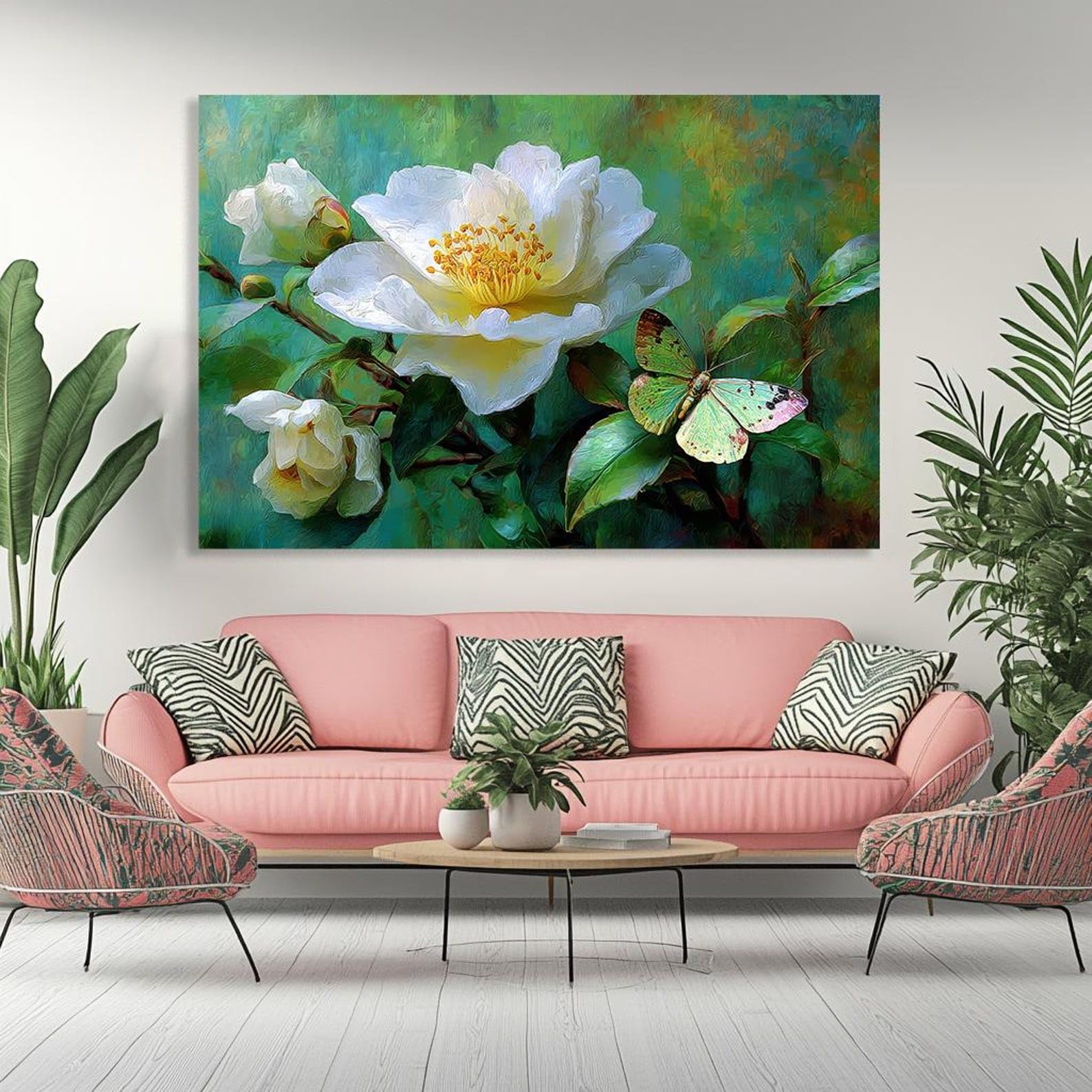 CAOXTART Białe róże drukowane arkusze botaniczne kwiaty motyle sztuka ścienna romantyczny kwiatowy obraz na płótnie do sypialni salonu (30x40 cm/rama wewnętrzna)