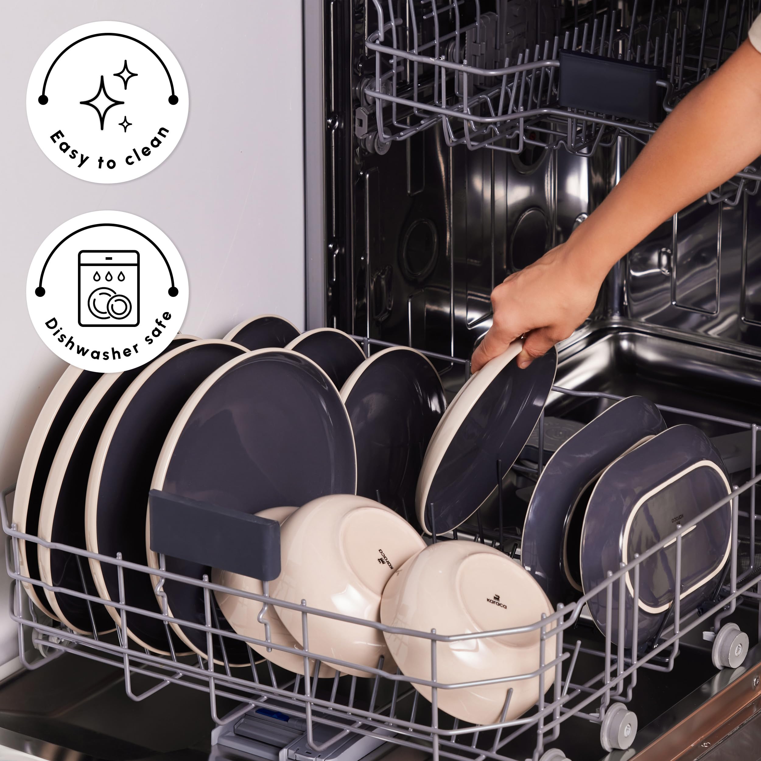 Karaca Basic Collection 36-częściowy zestaw obiadowy z kamionki dla 8 osób, nadaje się do mycia w zmywarce, nadaje się do kuchenki mikrofalowej, talerz obiadowy, miska do makaronu, talerz boczny,