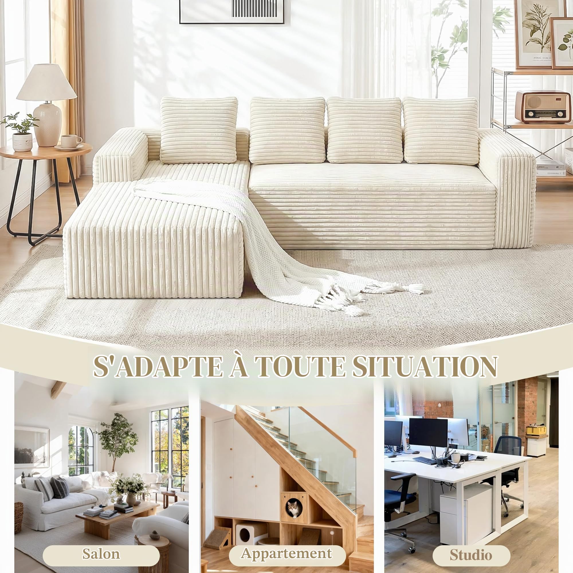 Canapé en forme de L, canapé modulaire moderne, canapé rembourré avec chaises longues à gauche, sans montage, convient pour le salon, beige