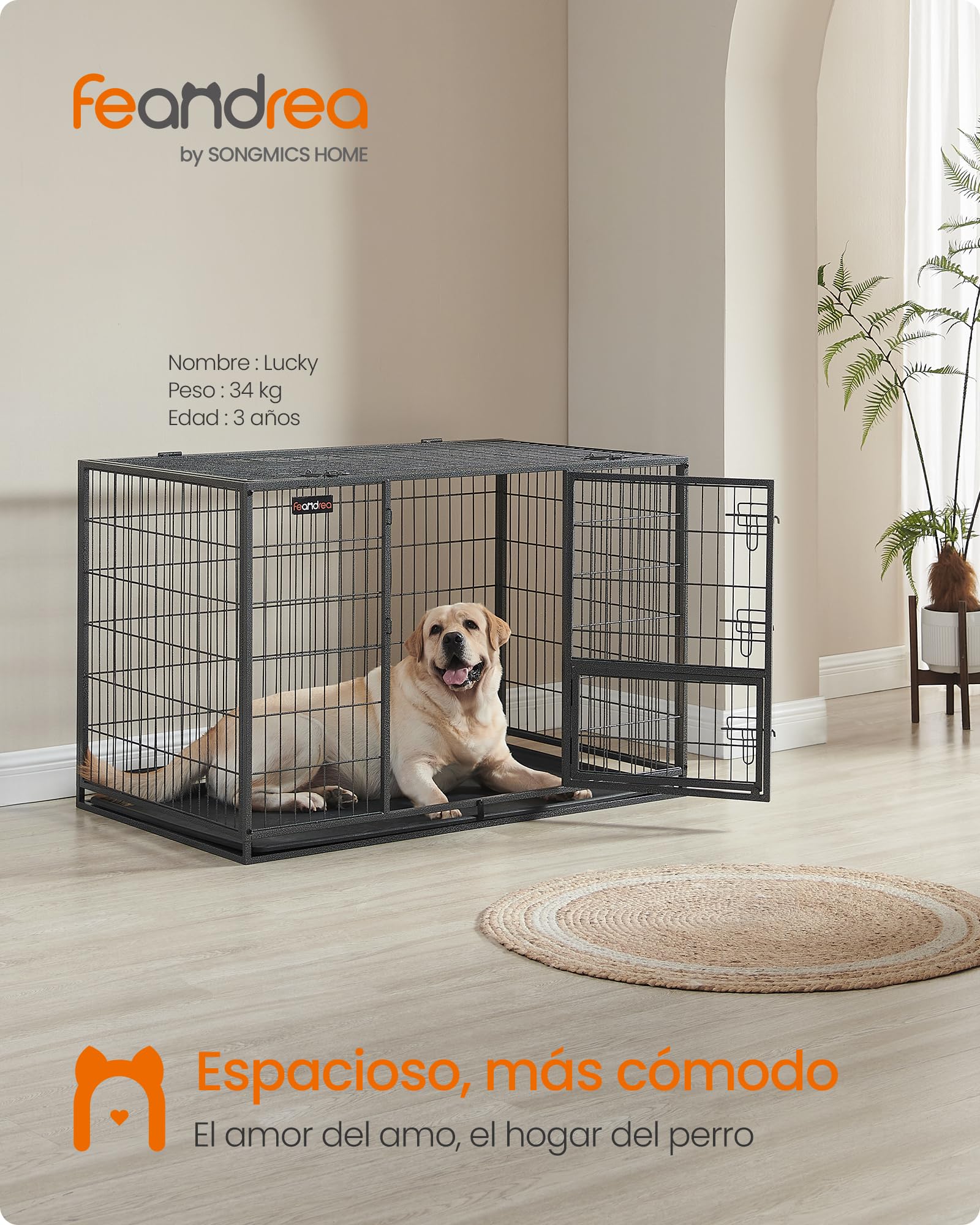 Feandrea Jaula Pesada para Perros, Jaula de Mascotas, 122 x 75,5 x 80,5 cm, para Perros Medios y Grandes, Antiescape, Doble Puerta Extraíble, Parque, XXL, Gris PPD003G01