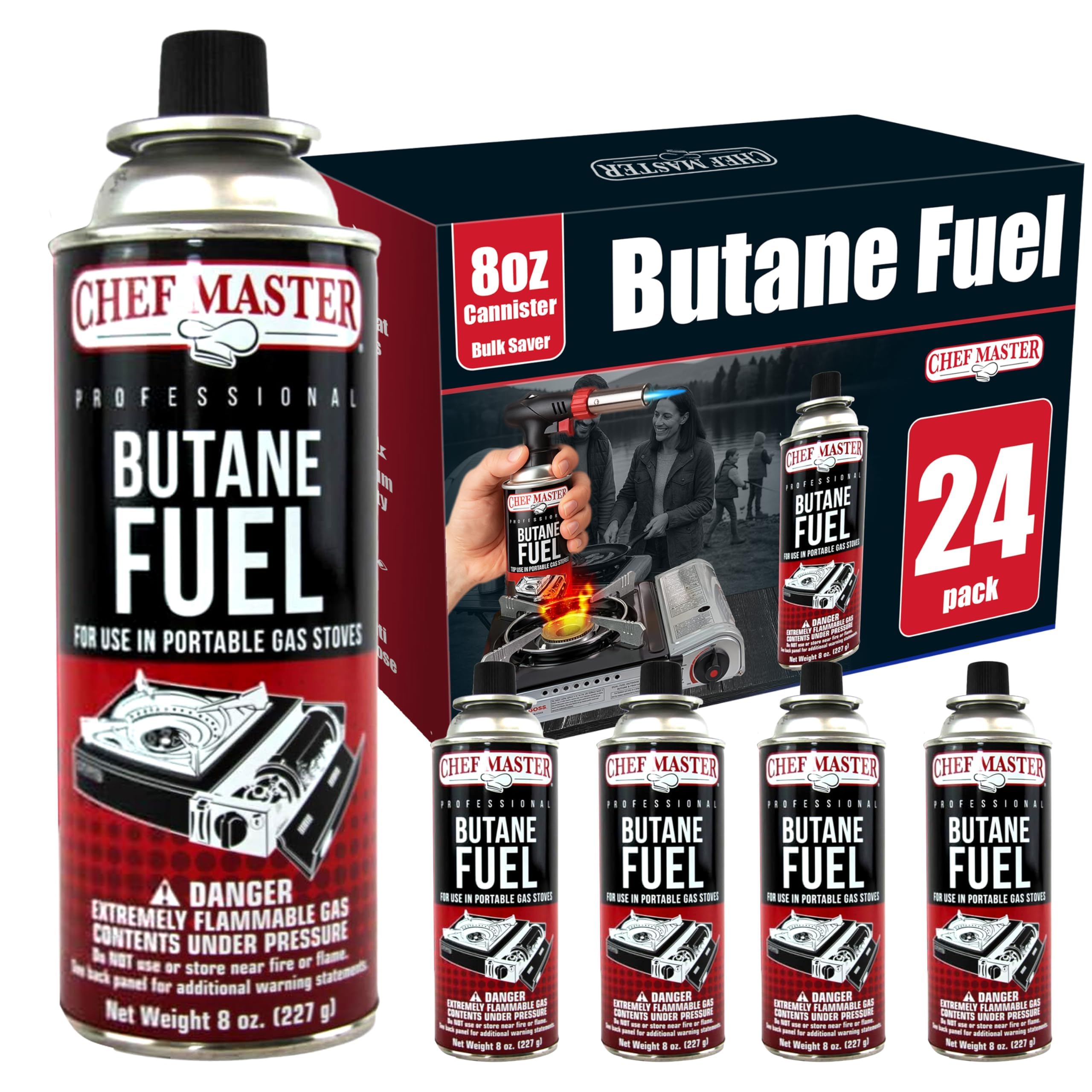 Chef Master 90340 x 24oz Butane Fuel Canister, Tin Canister for Outdoor Cooking & Grilling, Tailgating, Camping Essentials, Kitchen Torch Butane Fuel Refill, Portable Stove, Portable Camping Stove