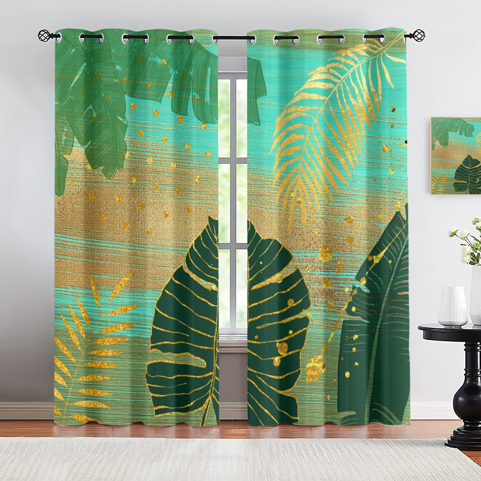 LUZAJUG Gradient Turquoise Gold Curtains for Small Window 54 Inch Length 2 Panels Set, Plant Leaves Abstract Blackout Curtains for Bedroom, Thermal