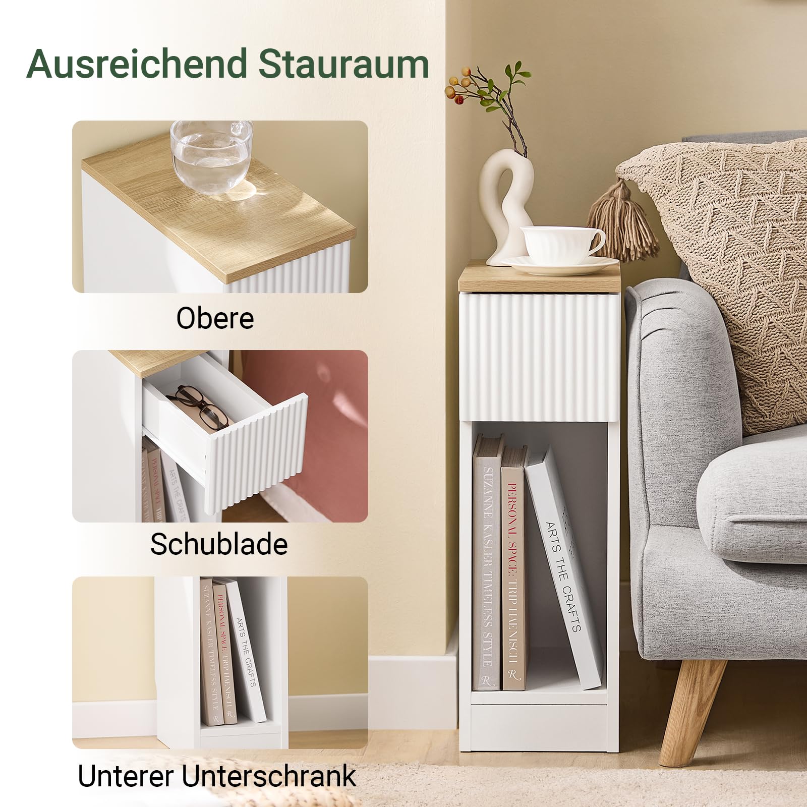 SoBuy Nachttisch schmal 20cm mit wellenförmige Schubladenfront, 20x35x60cm | Nachtschrank Beistelltisch mit Sockelleisten-Design, platzsparend für Schlafzimmer, Wohnzimmer & kleine Räume, Weiß FBT111-W