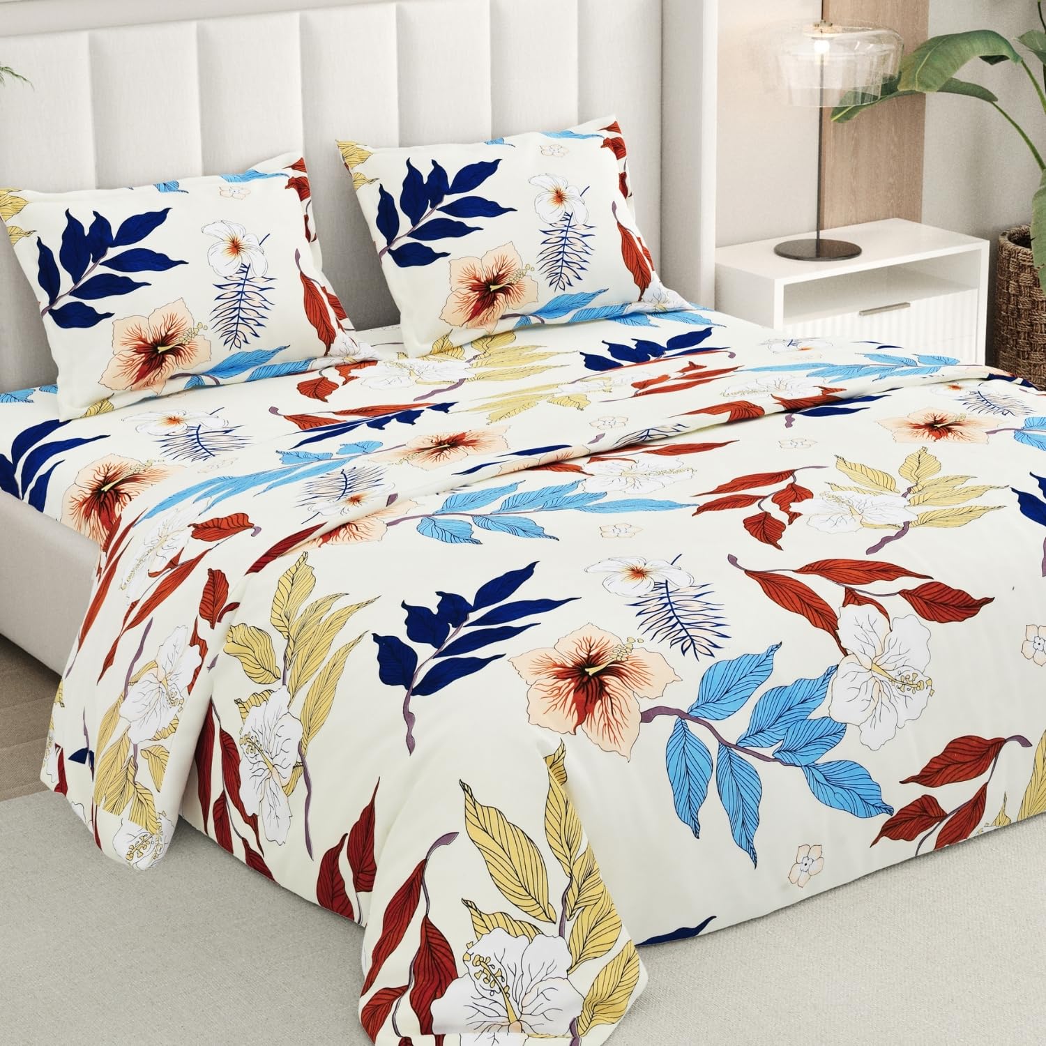 Rivermoor 200 TC Ultrasoft Bedsheet for Double Bed | Queen Size Bed Sheet with 2 Pillow Covers | Beige Floral Print | 88 x 96 Inches | Breathable & Hypoallergenic