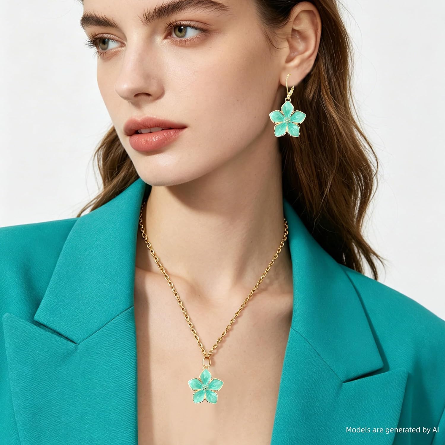 Statement Enamel Flower Leverback Earrings Necklace Jewelry Set image 2