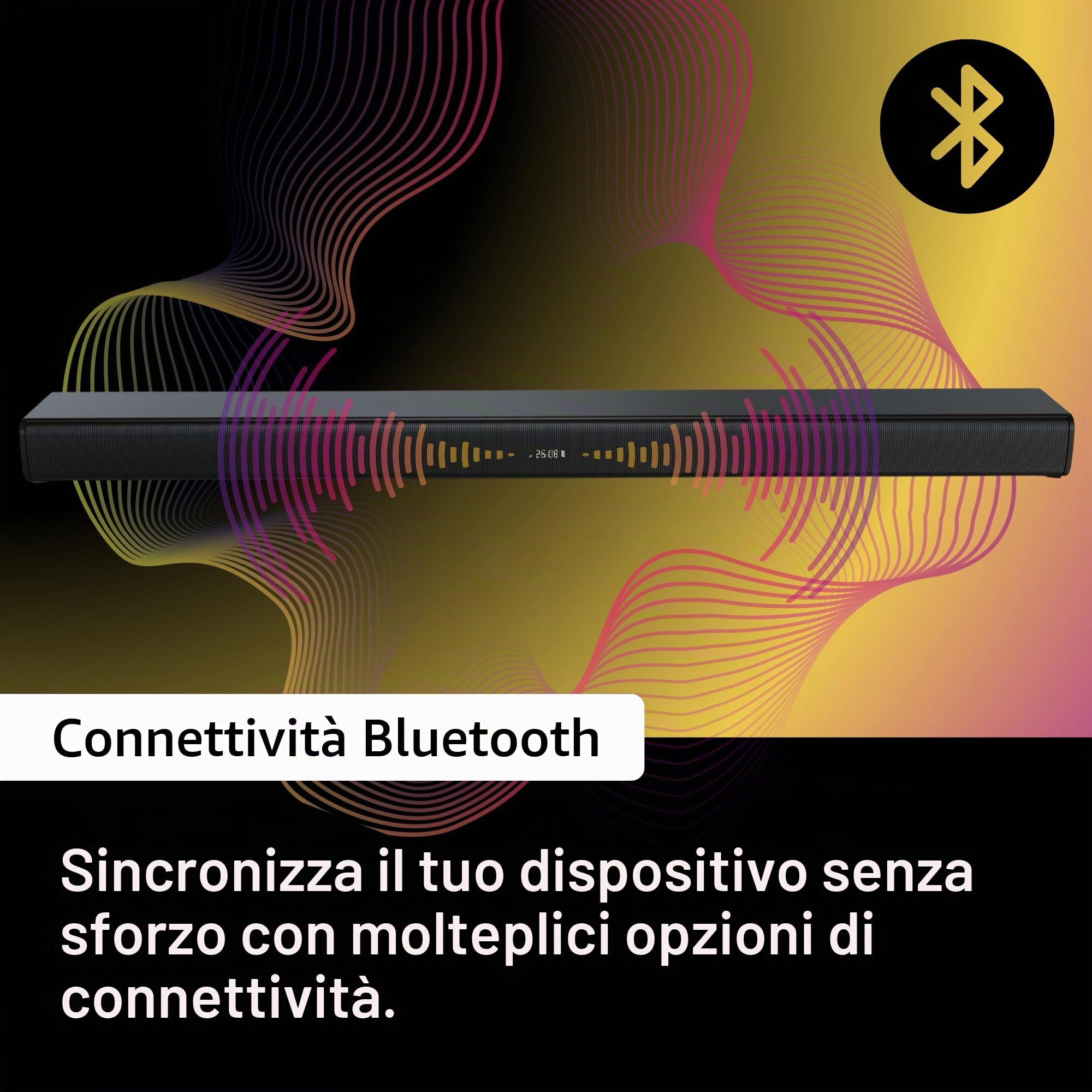 HYE Soundbar Bluetooth 2.0 canali per TV, 60 W Compact Black Sound Bar con HDMI, USB, AUX, telecomando - Sistema audio wireless con bassi profondi, design sottile - ideale per la tua televisione