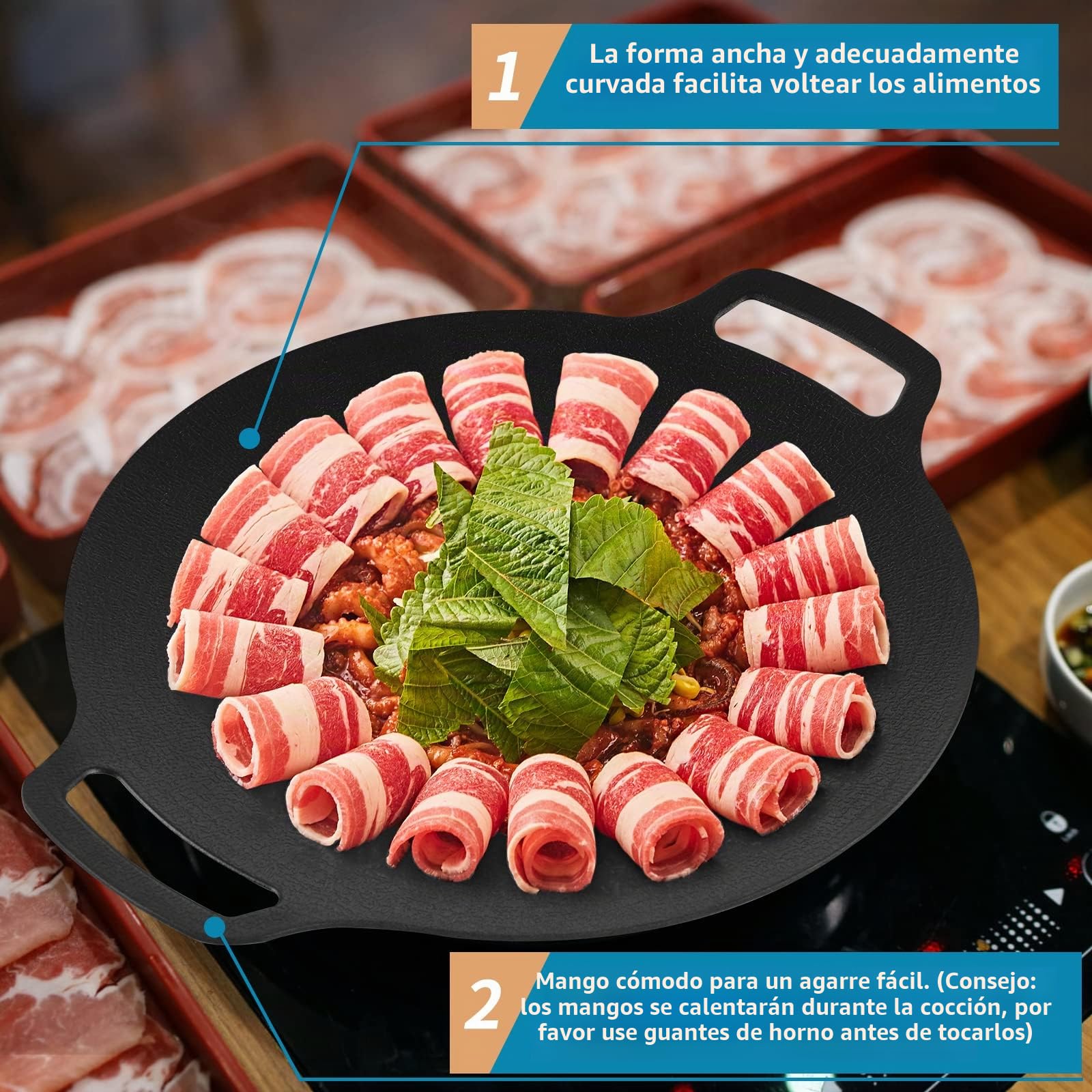 Sartén de Parrilla Coreana con Revestimiento Antiadherente de 6 Capas, Plancha BBQ Redonda de 13" con Bolsa, Compatible con Inducción, Cocina de Gas, Cocina Eléctrica, para Parrilla Interior o