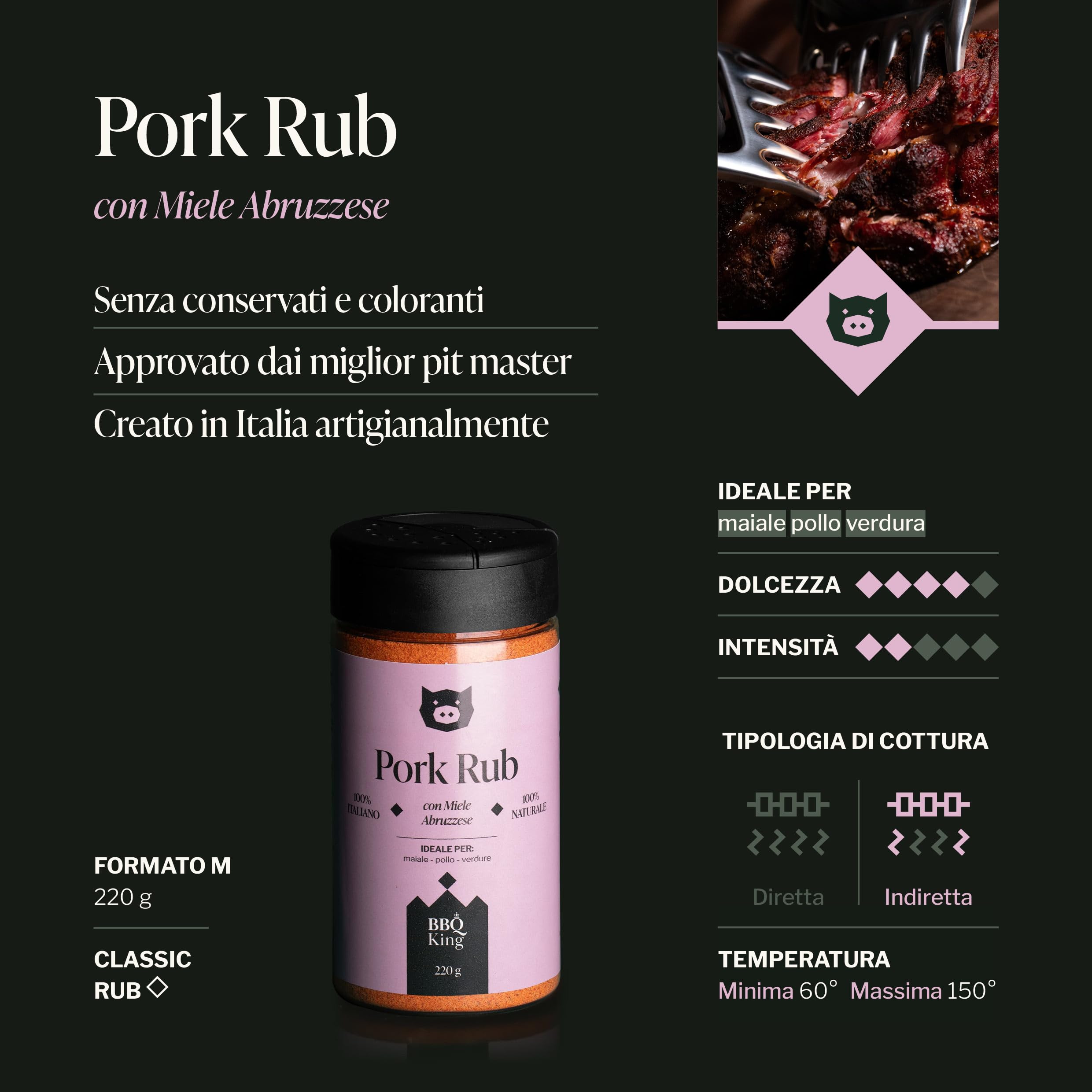 BBQ KING - Multi Pack Pitmaster Rub per Barbecue, 4 Confezioni da 215/250 Gr di Dry Rub Bbq, Miscela di Spezie 100% Made in Italy, 1 x Chicken Rub, 1 x Pork Rub, 1 x Ribs Rub e 1 x Cowboy Rub