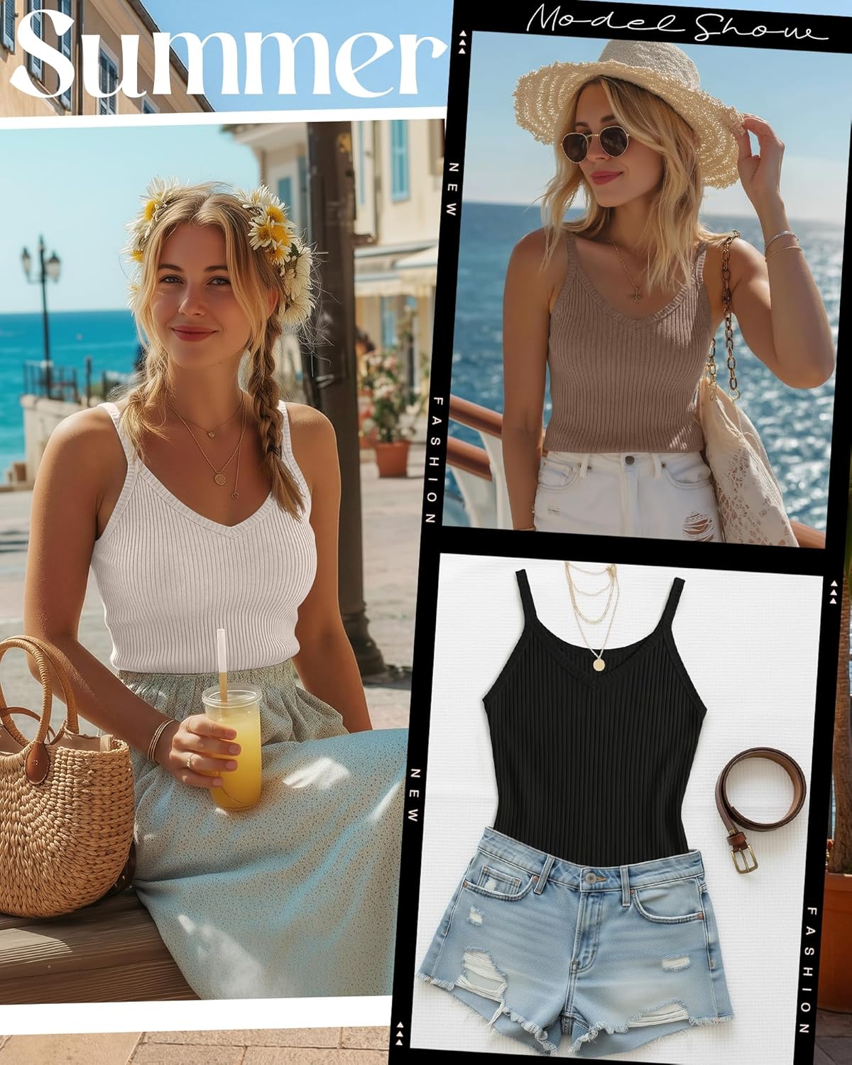 3 Pack Women's Ribbed Tank Tops Spaghetti Strap V Neck Slim Fit Cotton Camisole Knit Basic Sleeveless Camis Shirts