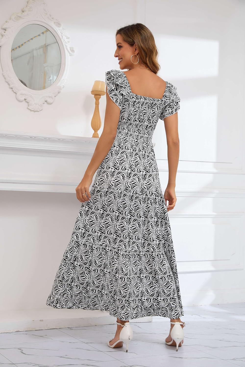 Womens Summer Dress Boho Floral Dress Sleeveless Ruffle Deep V Neck Cotton A Line Maxi Dresses - Image 2