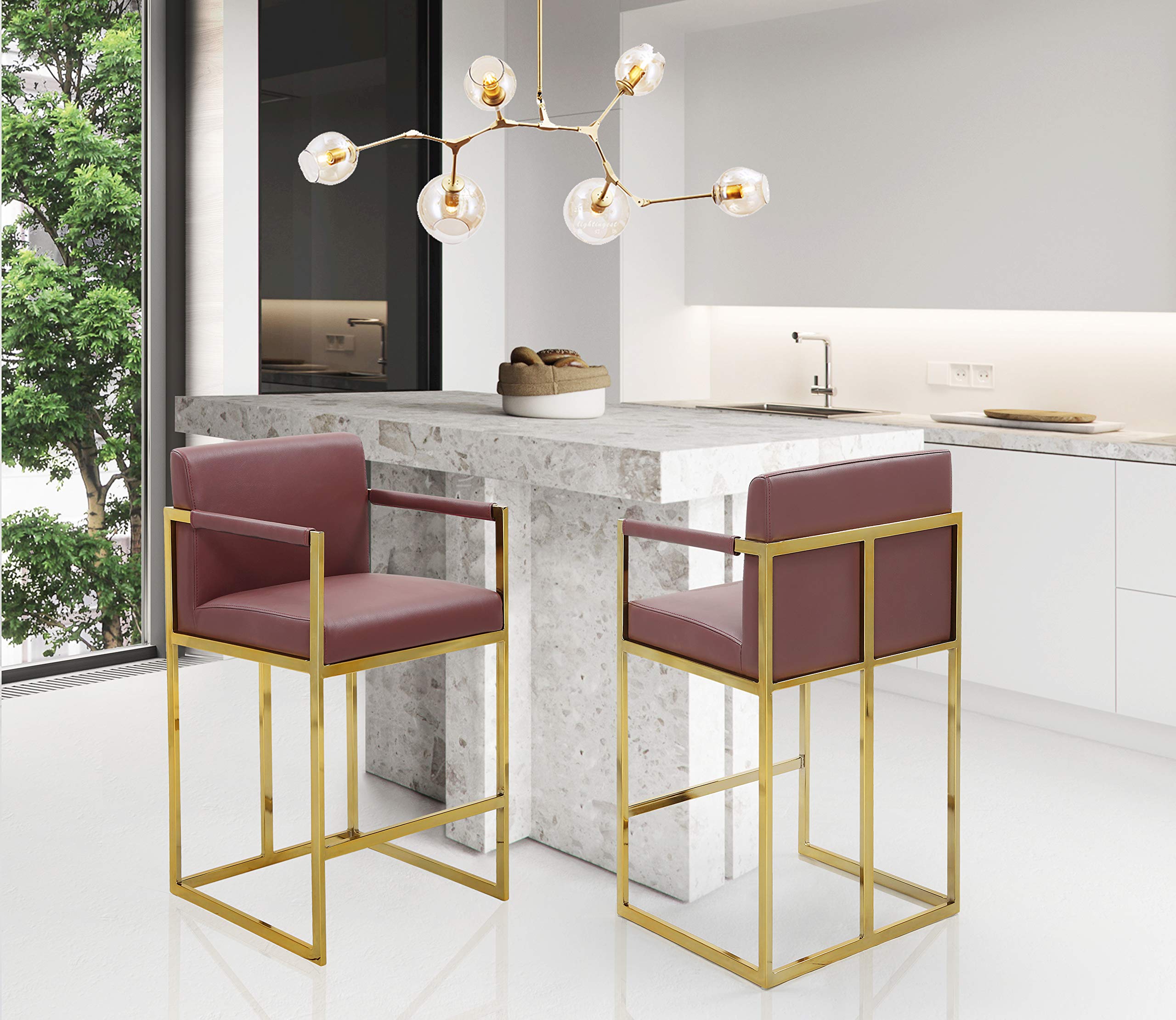 Quest Counter Stool Chair PU Leather Upholstered Square Arm Design Architectural Goldtone Solid Metal Base Modern Contemporary, Wine