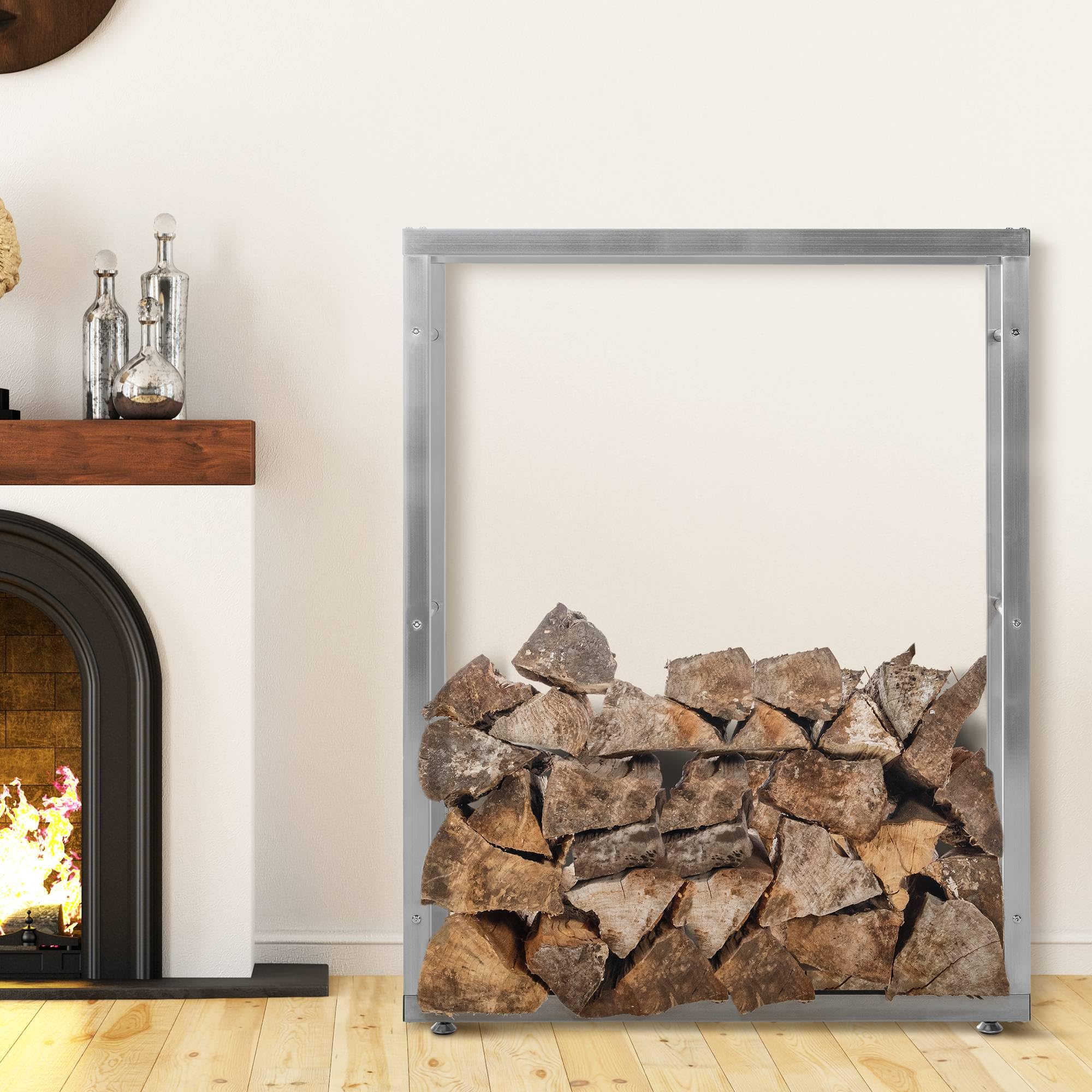 CLP Keri V2 Stojak na drewno kominkowe, ze stali nierdzewnej, regał na drewno opałowe z ochraniaczami podłogi, kolor: stal nierdzewna, wymiary: 25 x 100 x 125 cm