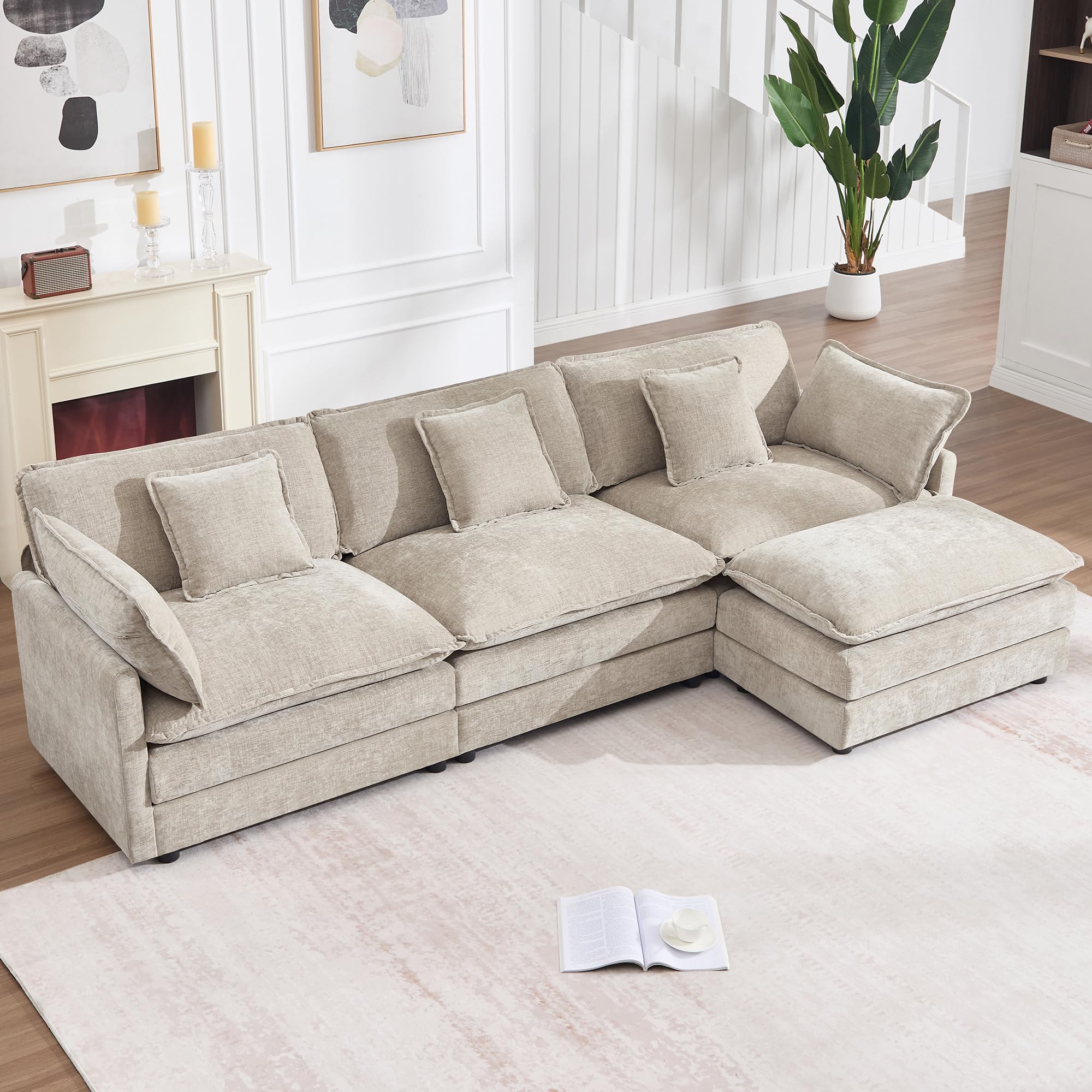 111.5" L Shaped Sectional Sofa Chenille Sleeper Deep for Seat Ottoman Pillows Ca