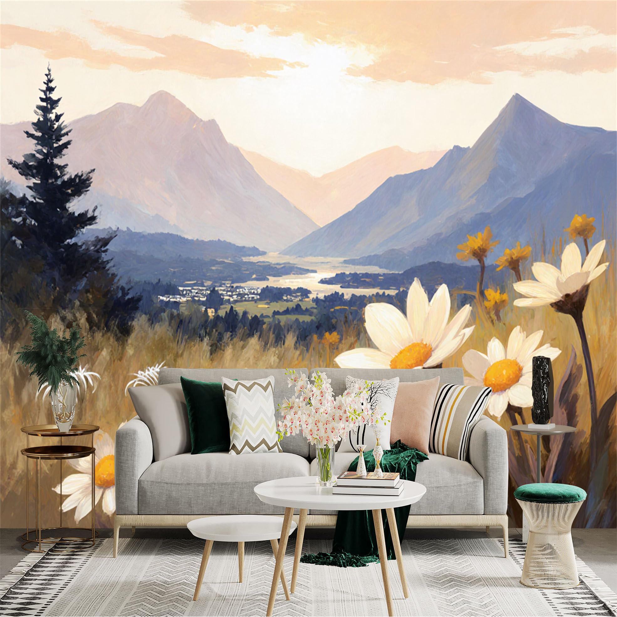 Custom Size Wall Sticker Mural， Mountain Valley Landscape with Wildflowers and Sunset Sky， for wall Decoration， peelandstick wall Decals.