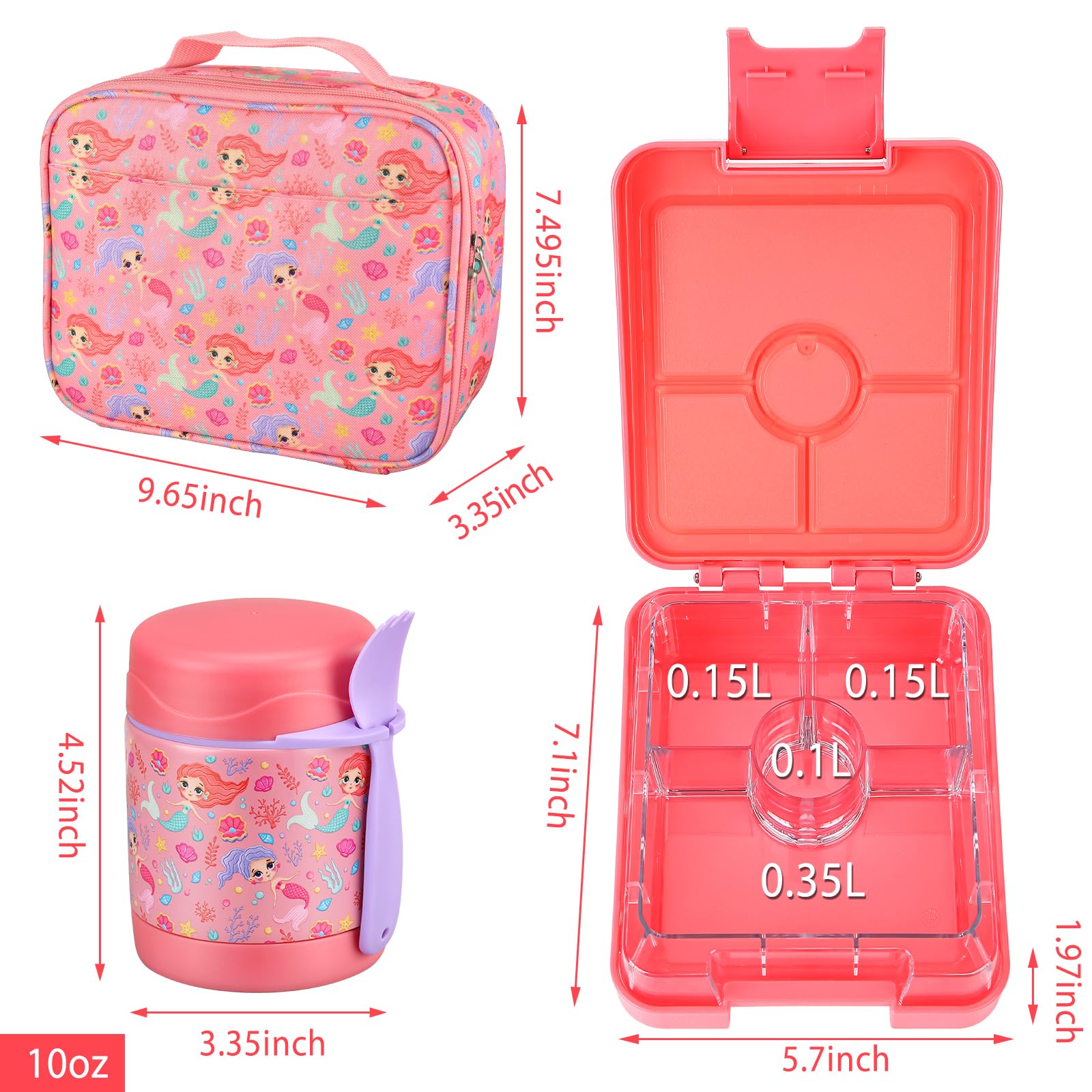 Szczelne izolowane pudełko na lunch Bento dla dzieci z termosem do zupy 295 ml, izolowana torba na lunch, 4-komorowy pojemnik na lunch i termos słoik na żywność dla dzieci do szkoły, bez BPA, materiały bezpieczne dla żywności (syrenka)