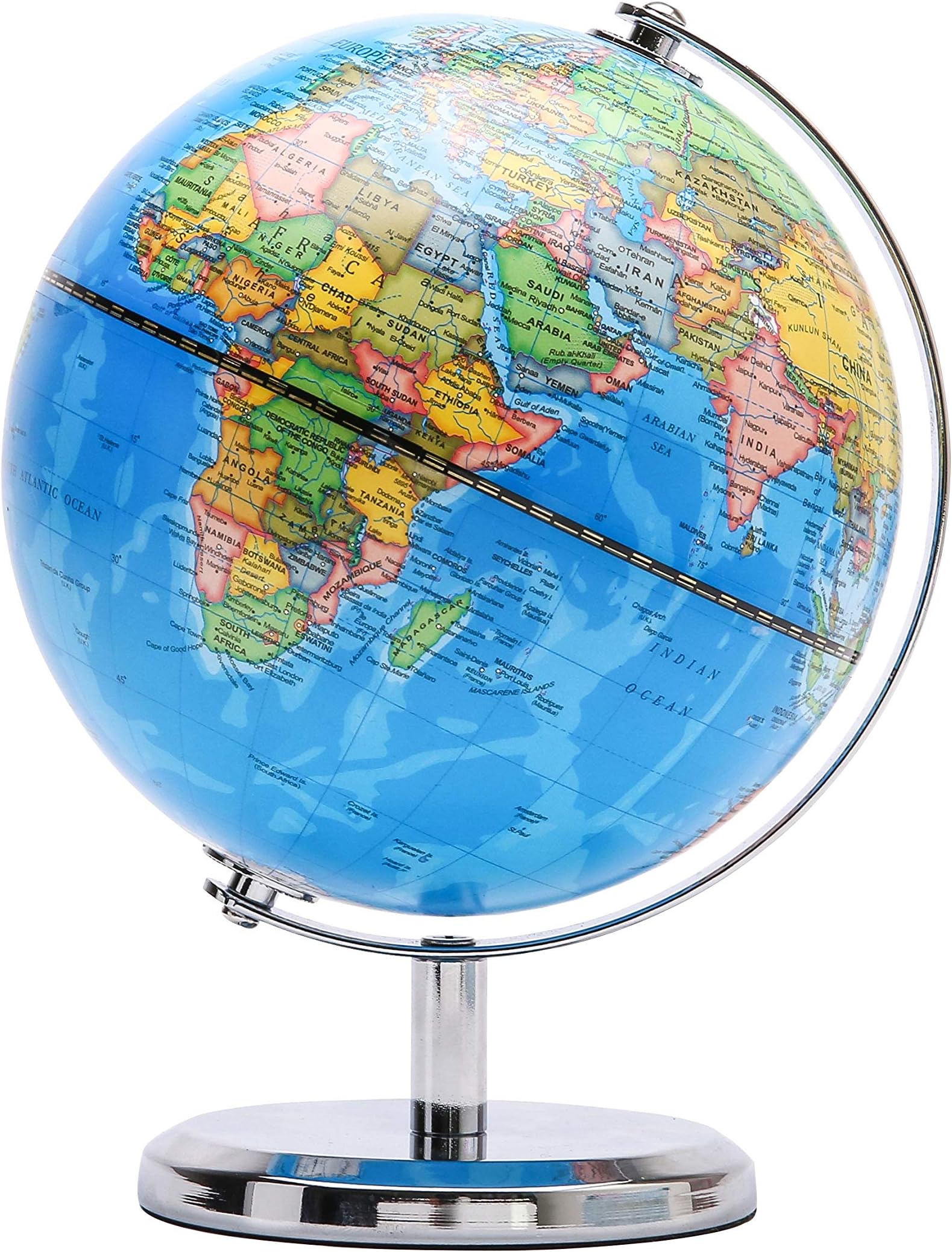 Exerz 14cm World Globe Political Map Mini Globe - English Map - Educational/Geographic/Modern Desktop Decoration 14cm Diameter - Stainless Steel Arc And Base - School, Home, And Office