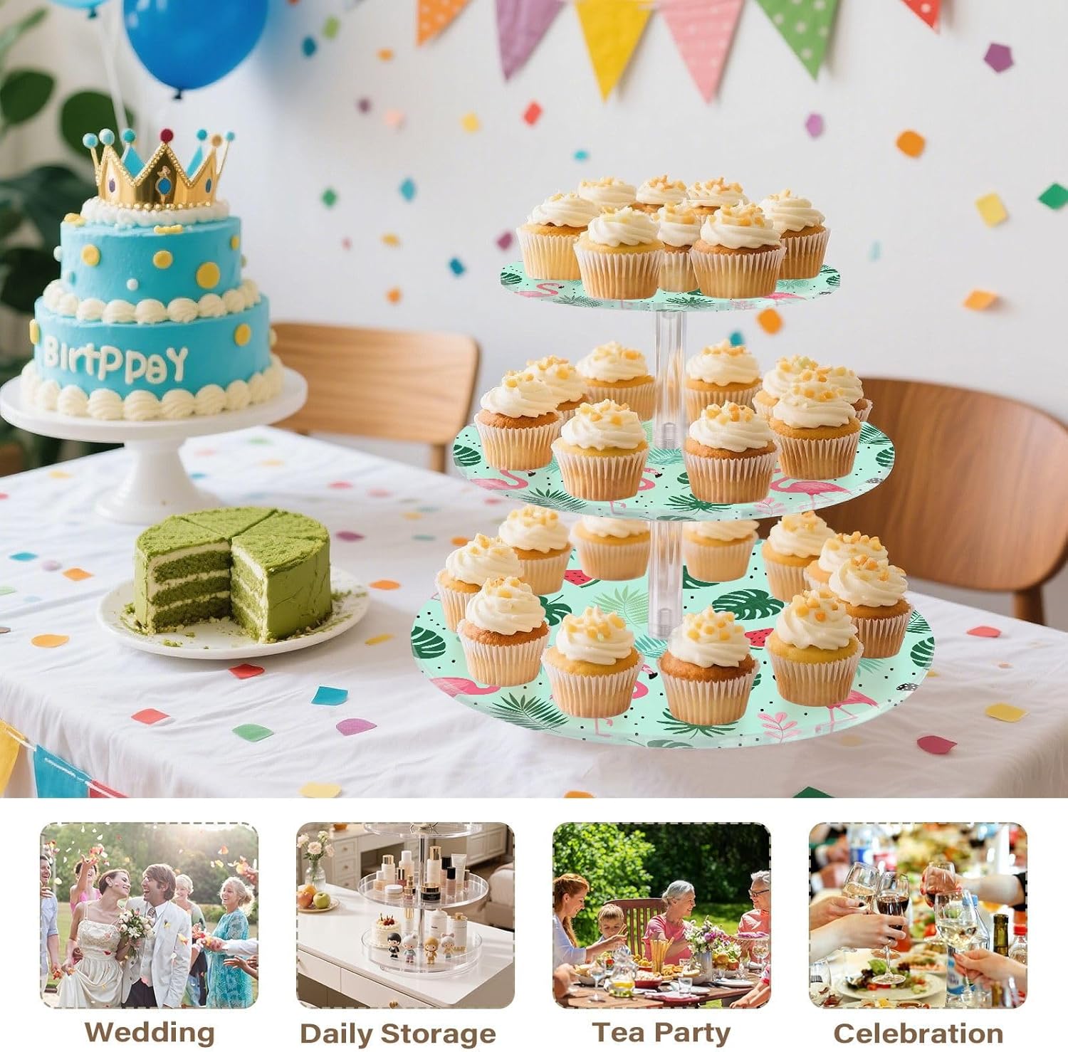 3 Tier Round Cupcake Stand Acrylic cupcake holder cupcake display stand Tropical Flamingo Palm Tree Cupcake Tower Stand for Wedding party celebration Graduation