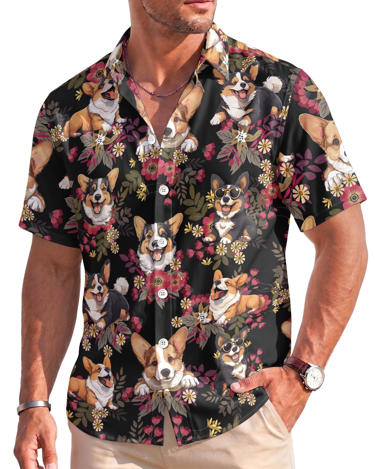 Men's Hawaiian Button Down Shirt – Tropical Aloha Shirt for Men, Lightweight Stretch Short Sleeve Beach Resort Wear, Flower Corgi, XL