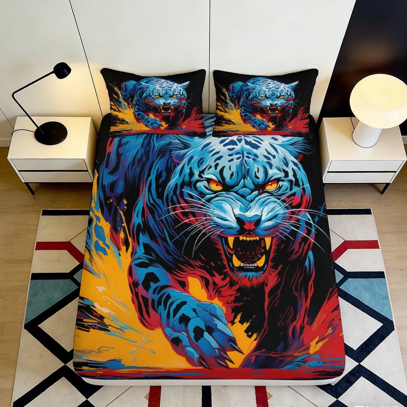 3D Printed Fierce Blue Tiger Fitted Sheet Microfiber Soft Breathable Fire Wild Bed Cover for Bedroom Dorm Mattress Protection Decor 140x200x25cm