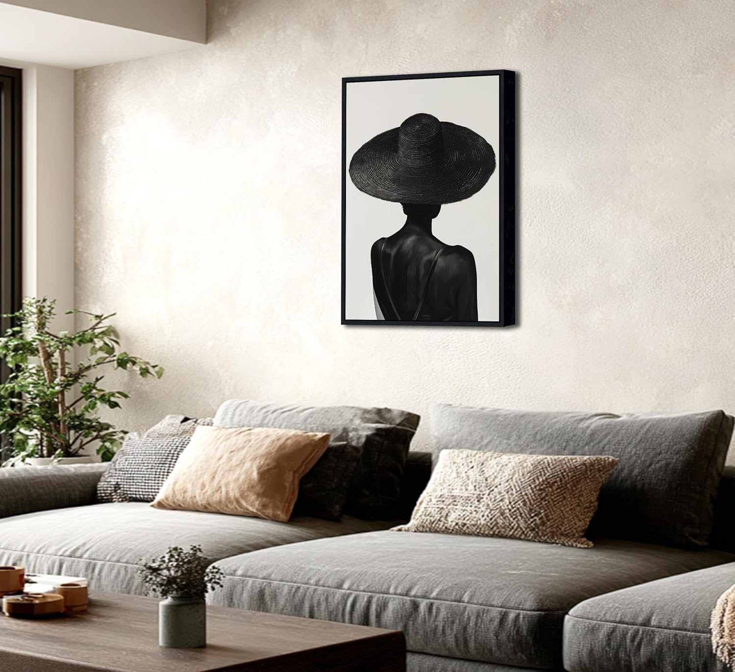 Framed Abstract Black Woman with Wide Brim Hat Canvas Wall Art - Minimalist Monochrome Prints Artwork,African American Woman Painting Picture Wall Decor for Living Room Bedroom - Ready to Hang 12x16in