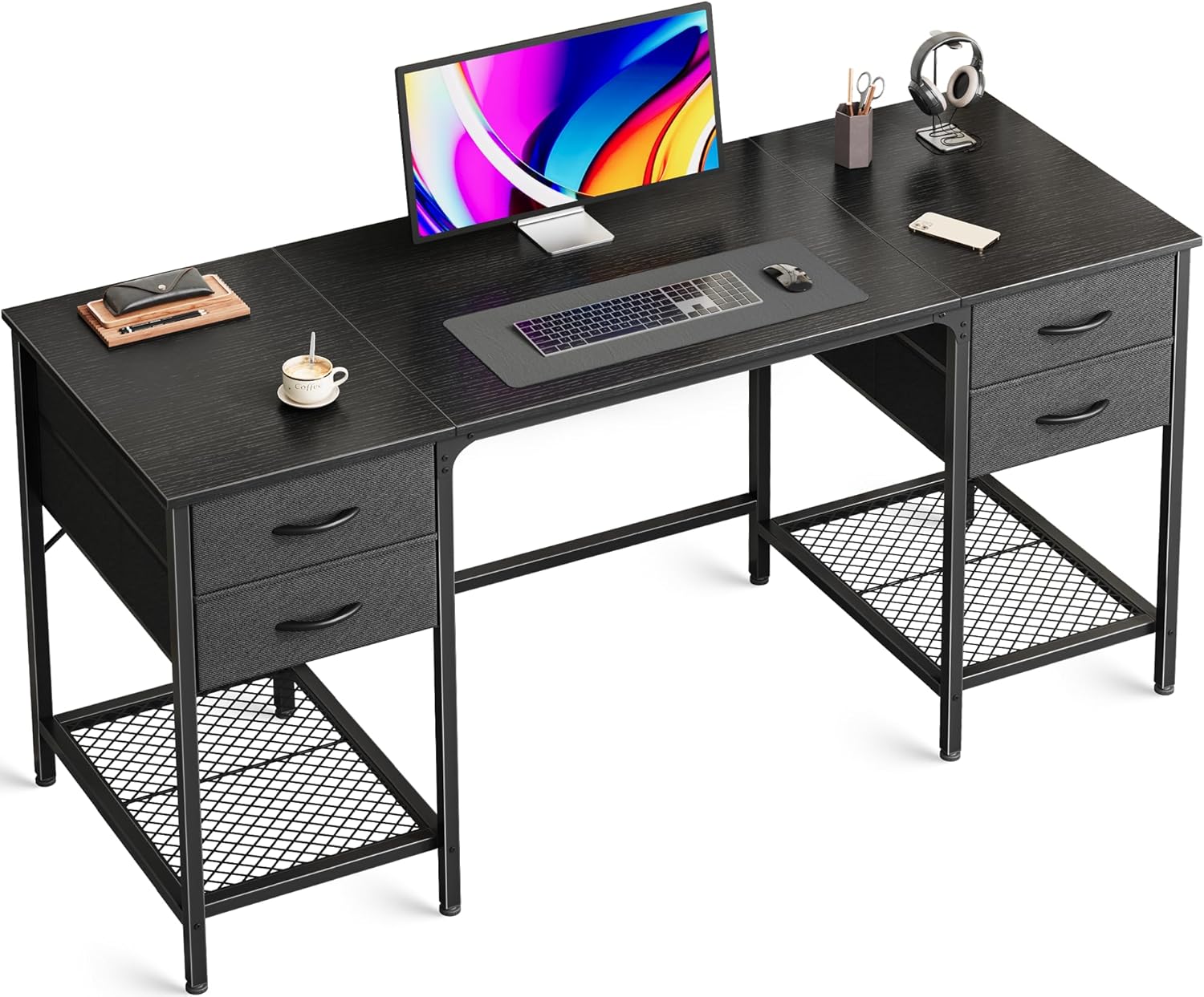55 Inch Computer Desk with 4 Drawers, Office Desk with Mesh Shelf, Gaming Desk, Large Storage, Writing Desk Work Desk for Home Office, Study, Bedroom, Work from Home, Black 55 inch Black