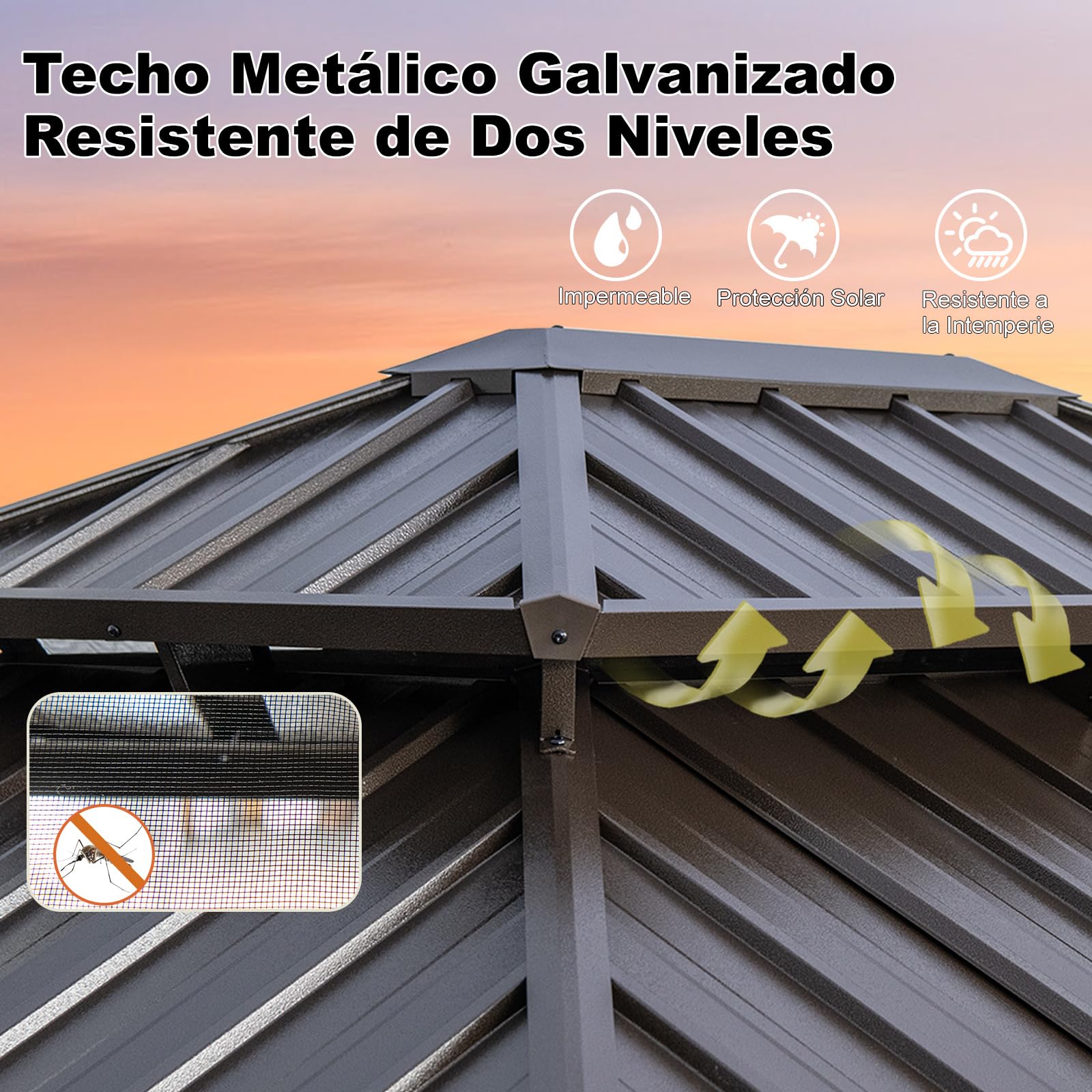 COSTWAY Carpa de Jardin 354 x 294 cm, Pabellón con 4 Mosquiteras, Cortinas, Techo Metálico Doble Galvanizado, Estructura de Aluminio, Cenadores para Jardin Terraza