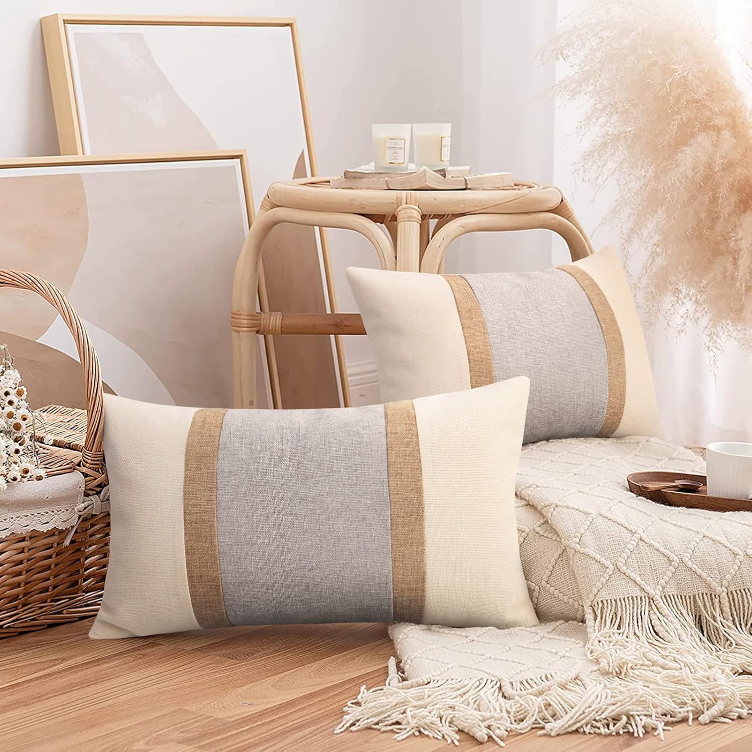 Pyonic Pack of 2 Boho Throw Pillow Covers Farmhouse Decorative Lumbar Pillowcases for Couch Sofa Living Room Outdoor Decor,Cream White and Grey,12 x 20 Inch - Image 2