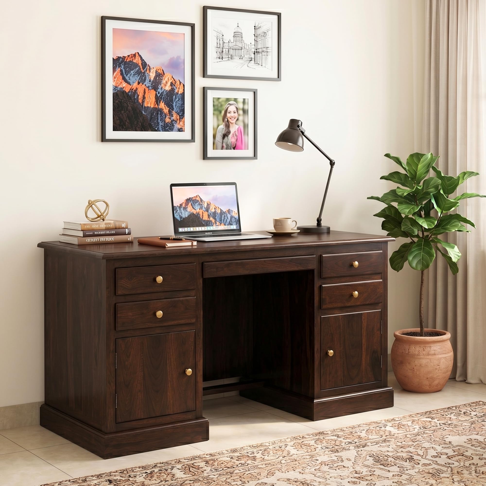 SONA ART & CRAFTS Carmel Solid Sheesham Wooden Study Table for Students Big Size with 4 Drawers & 2 Cabinets Study Desk Table Office Table for Work from Home Writing Office Desk (Walnut Finish)